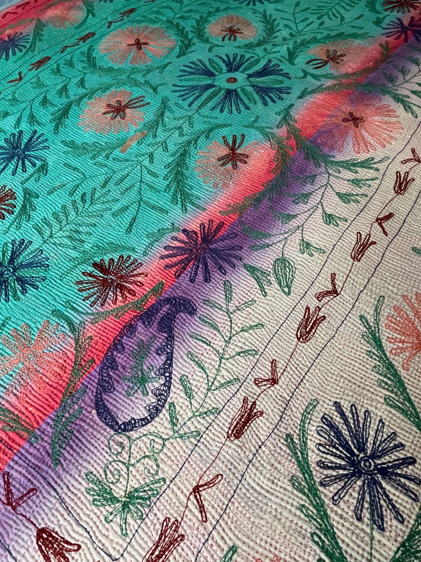 
                  
                    dark pink green orange green embroidered quilt large kantha cotton comforter sofa throw reversible
                  
                