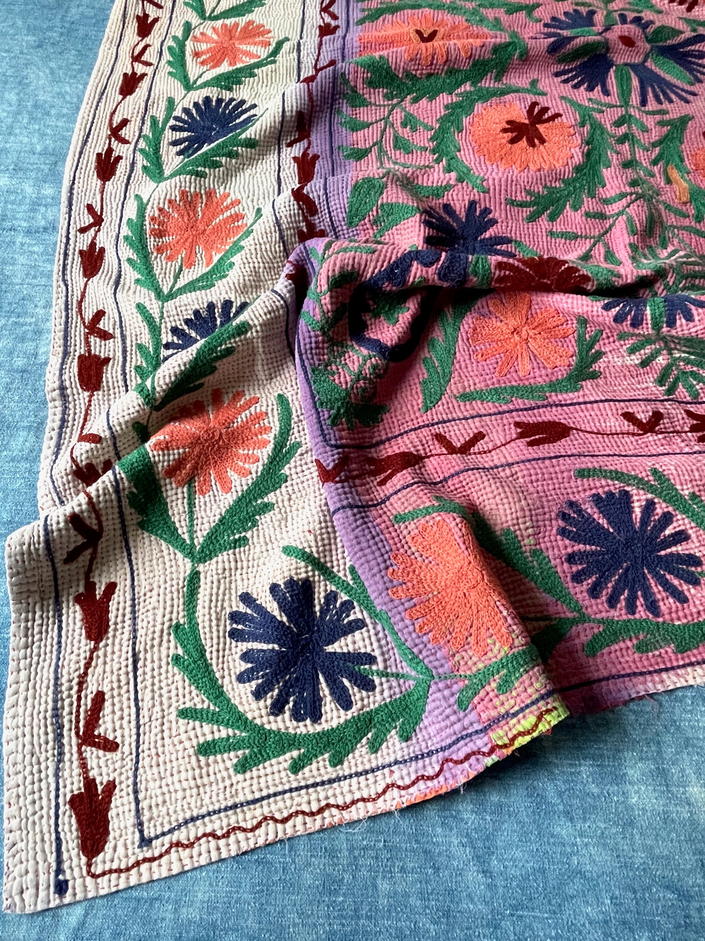 dark pink green orange green embroidered quilt large kantha cotton comforter sofa throw washable