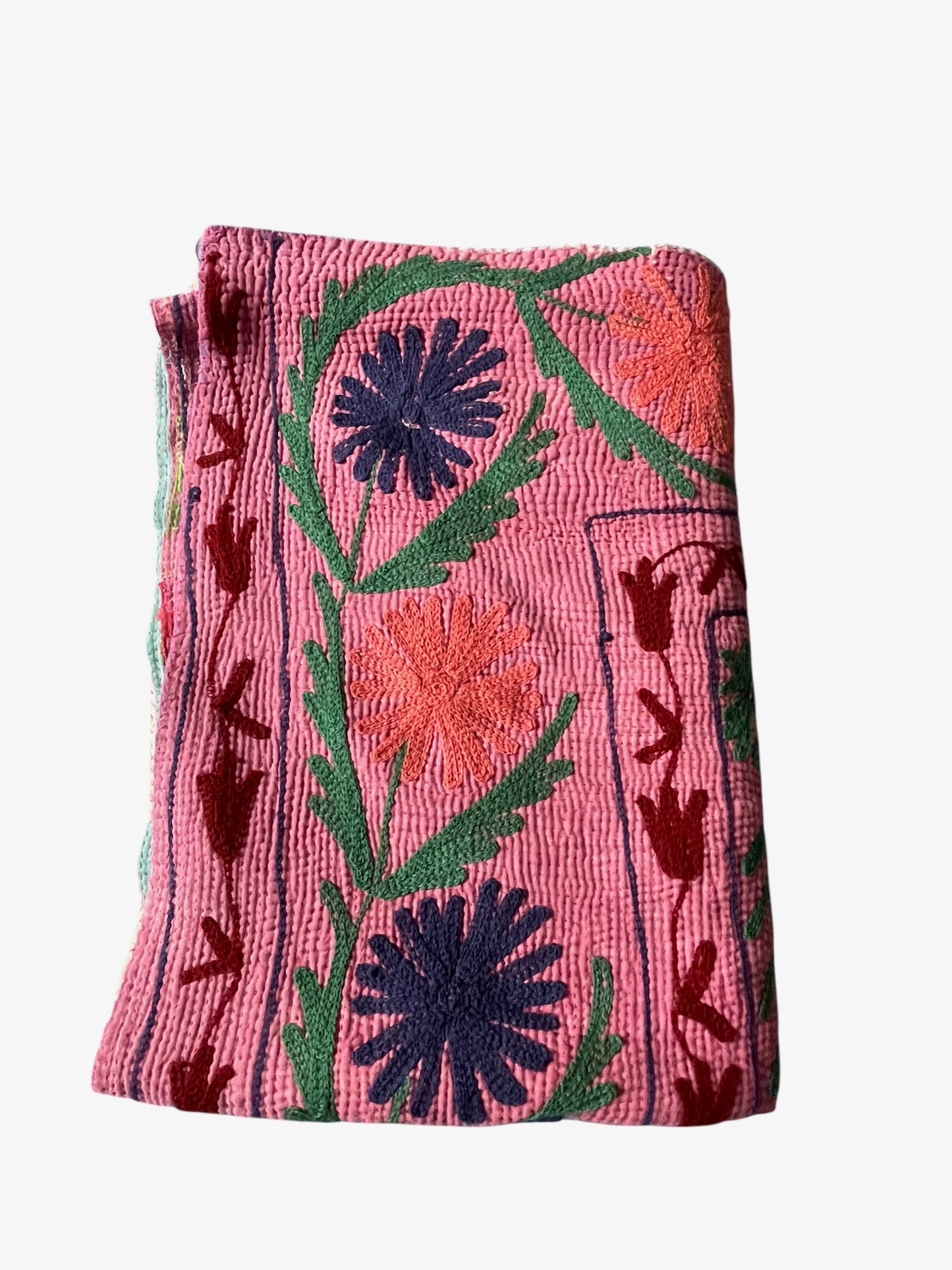 
                  
                    dark pink green orange green embroidered quilt large kantha cotton comforter sofa throw washable
                  
                