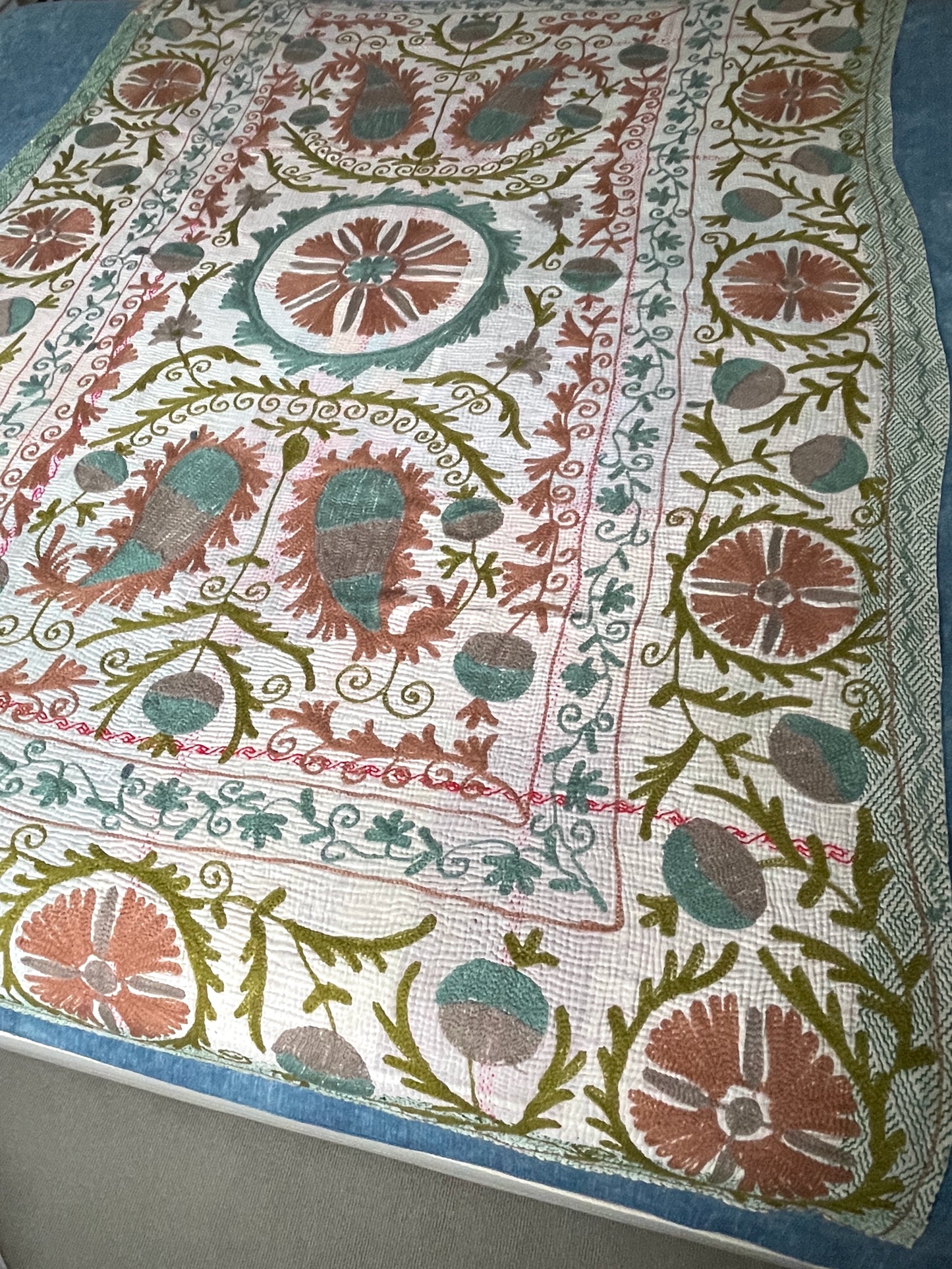 soft green blue teal colours on vintage kantha quilt cotton comforter large washable sofa throw UK
