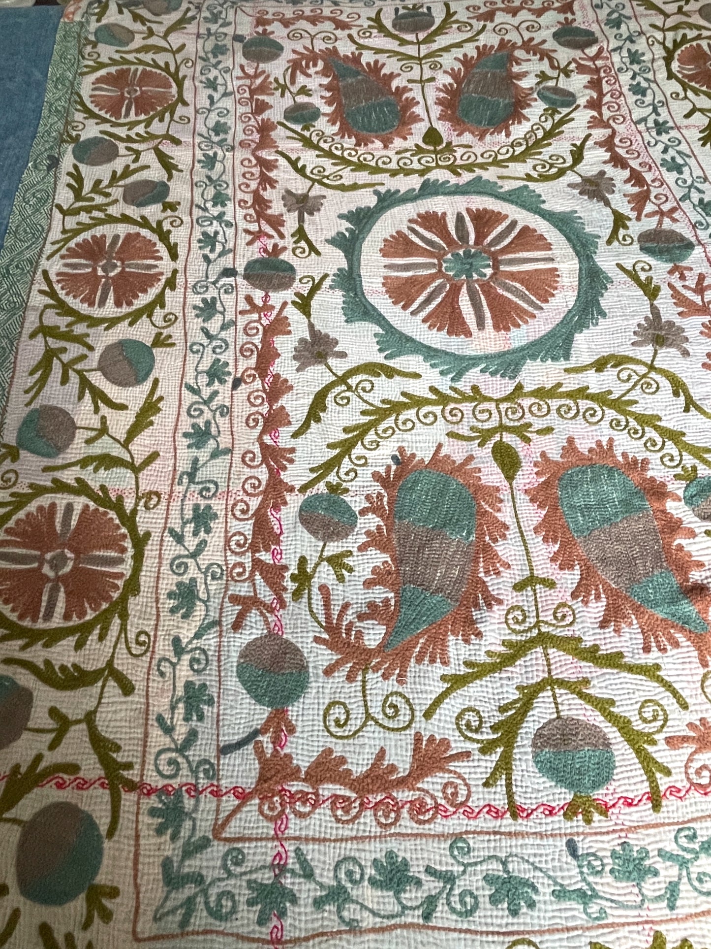 
                  
                    soft green blue teal colours on vintage kantha quilt cotton comforter large washable sofa throw UK
                  
                