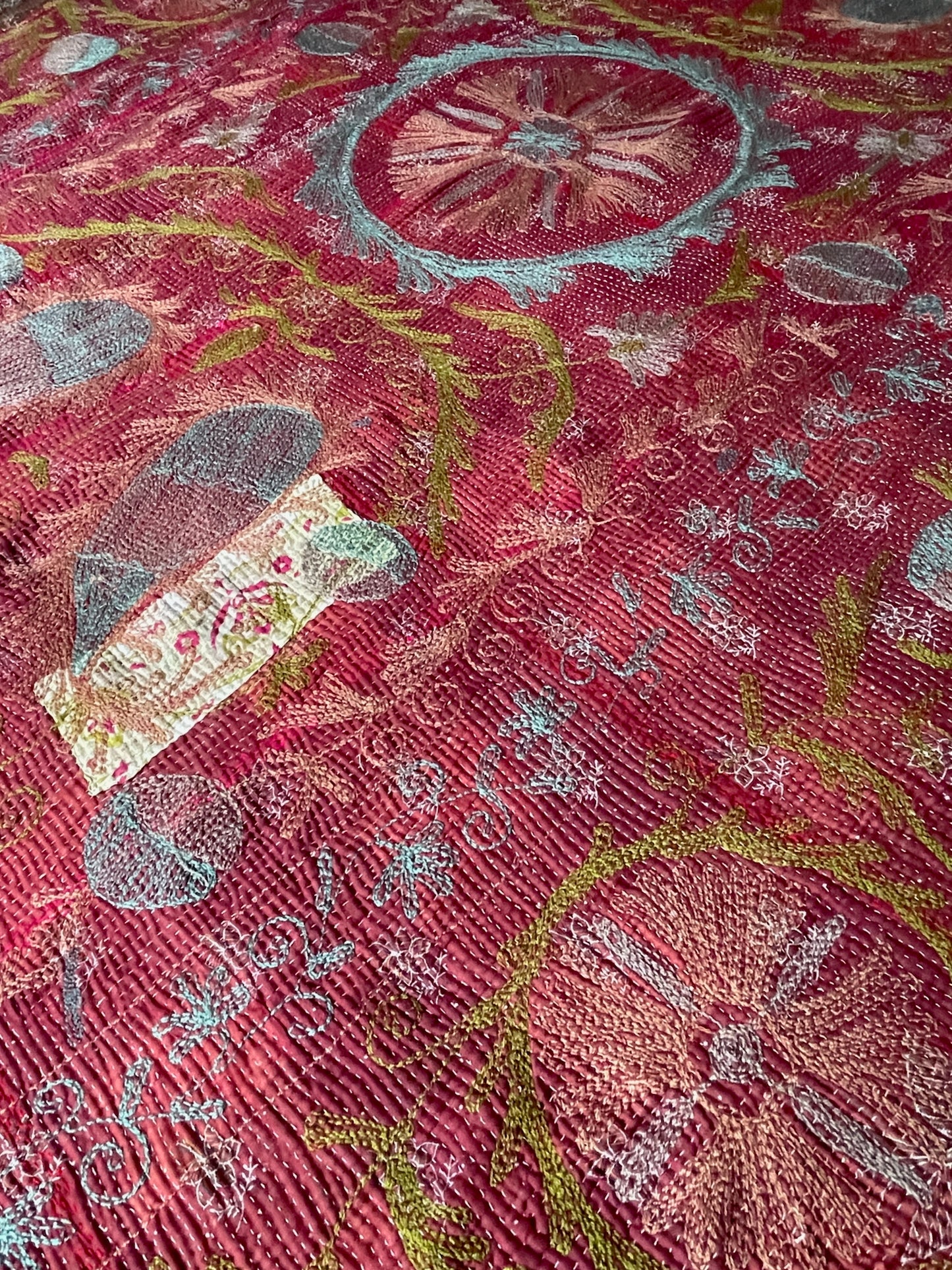 
                  
                    soft green blue teal colours on vintage kantha quilt cotton comforter large washable sofa throw UK
                  
                