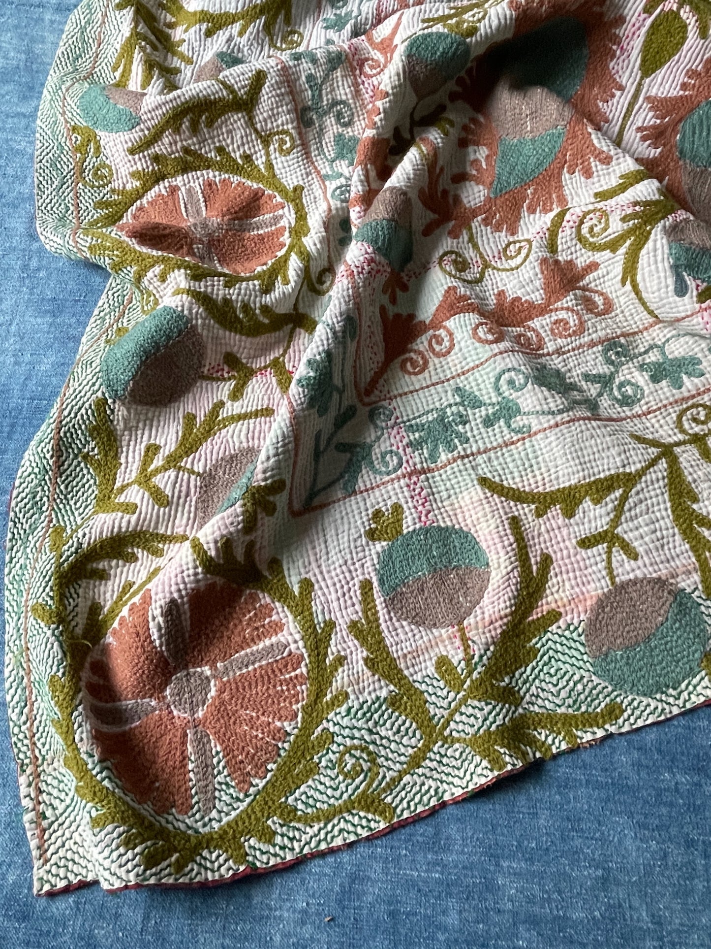 soft green blue teal colours on vintage kantha quilt cotton comforter large washable sofa throw UK