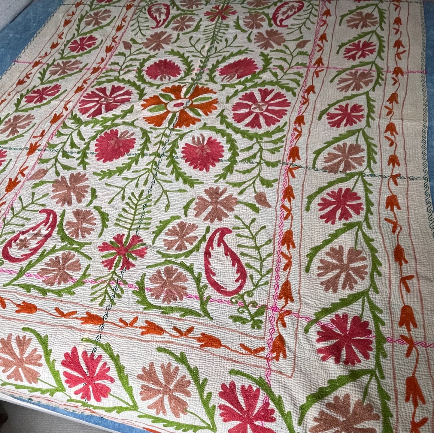 
                  
                    bright pink green coral bedspread floral embroidered kantha quilt cotton comforter washable large
                  
                