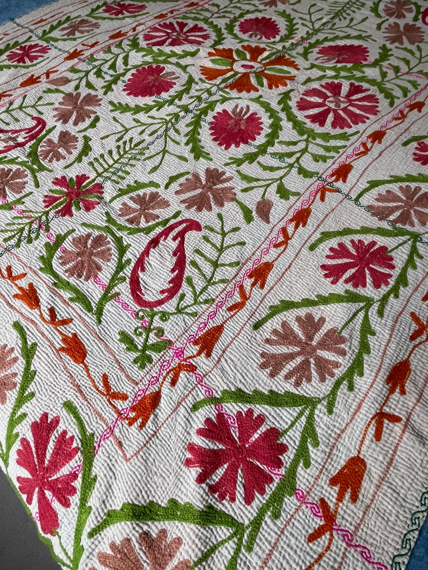 bright pink green coral bedspread floral embroidered kantha quilt cotton comforter washable large