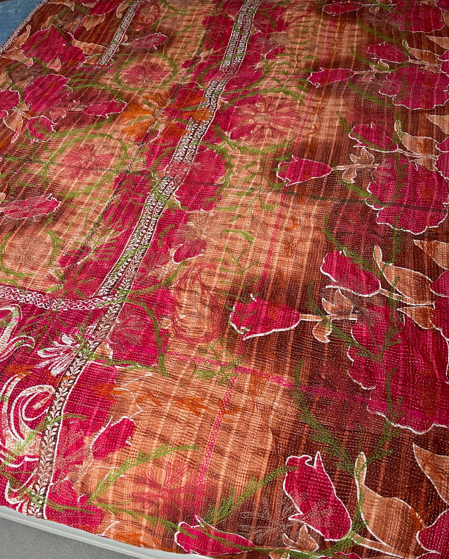 
                  
                    bright pink orange coral bedspread floral embroidered kantha quilt cotton comforter washable large
                  
                