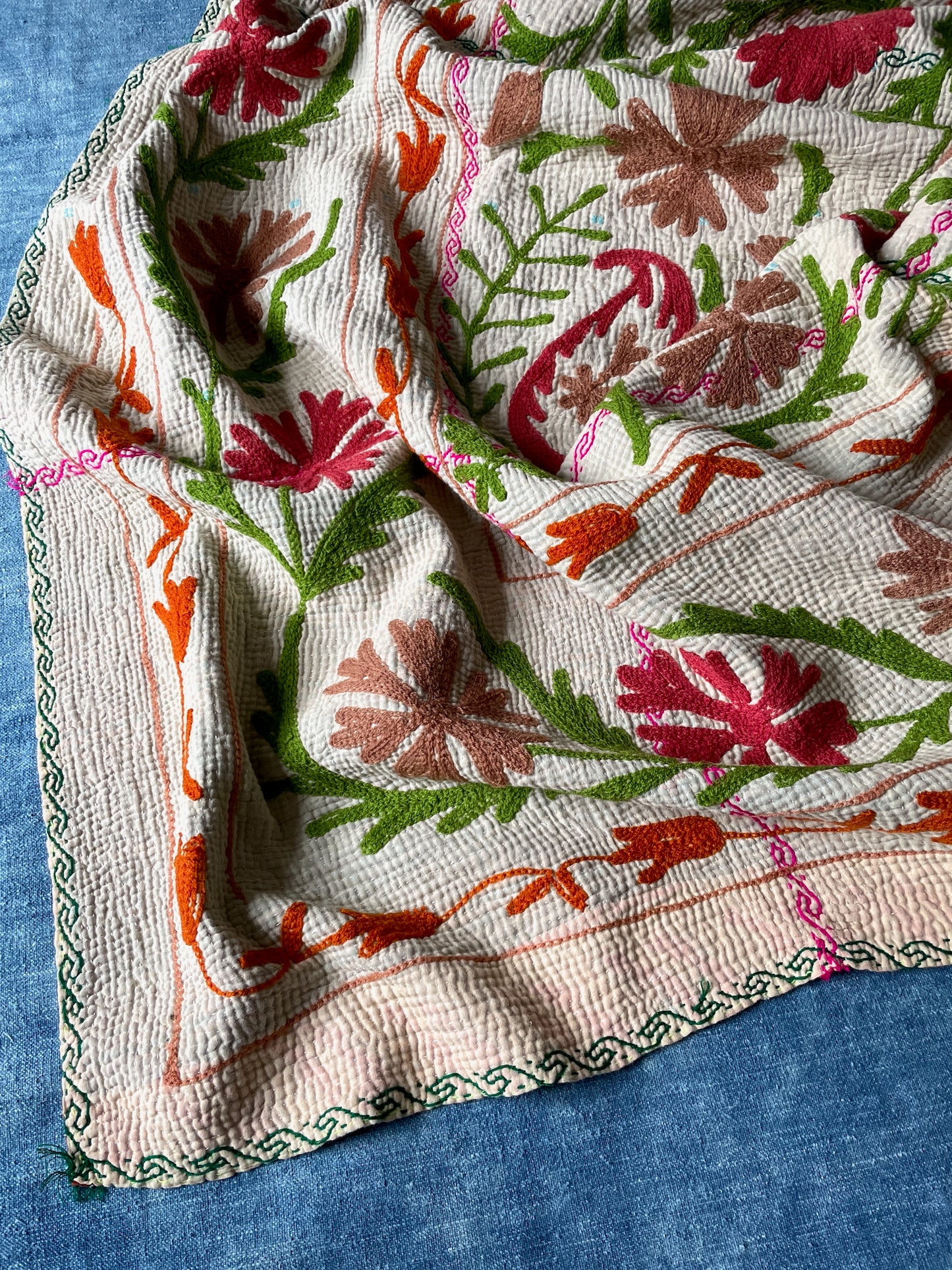 bright pink green coral bedspread floral embroidered kantha quilt cotton comforter washable large