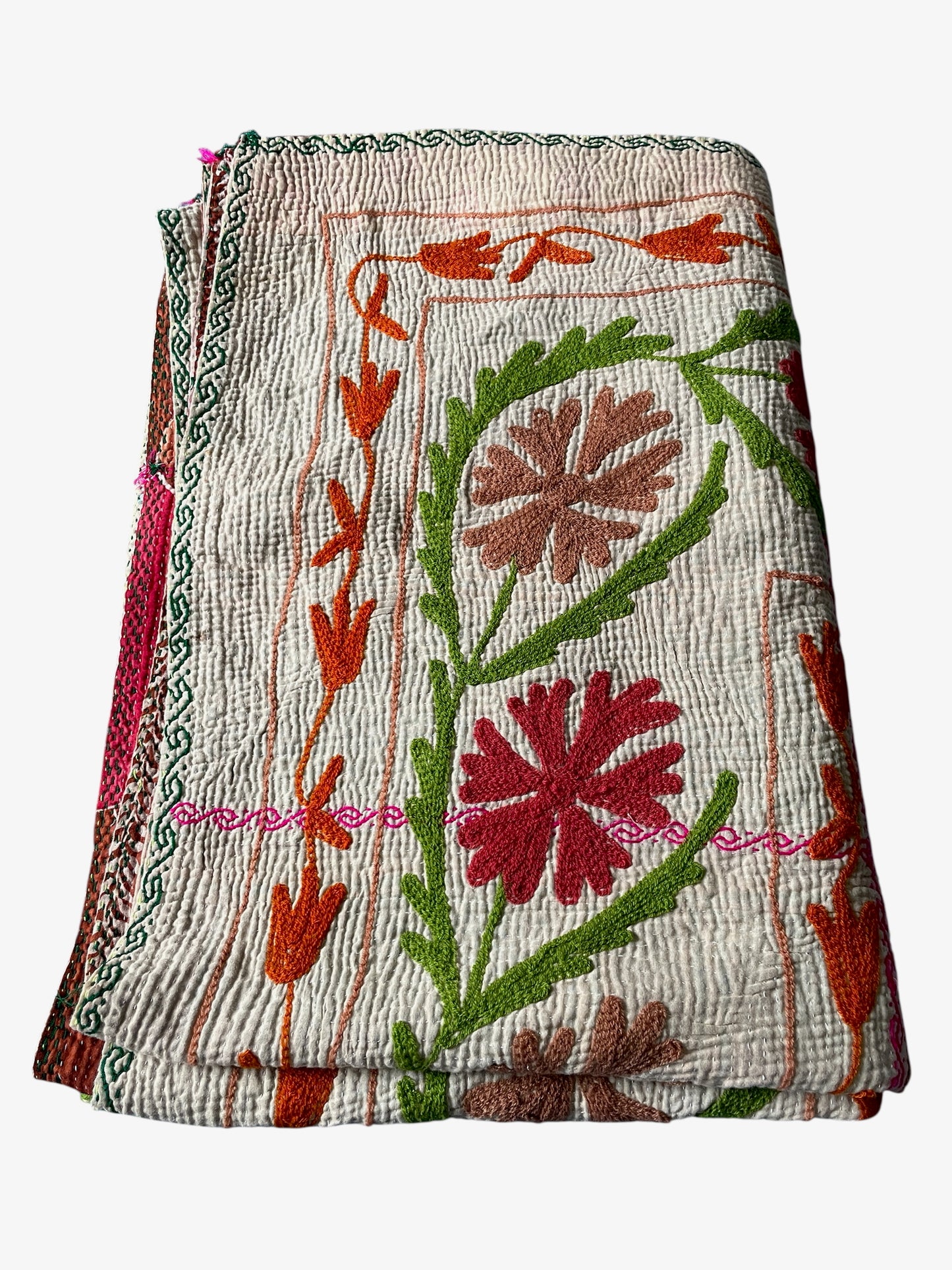 
                  
                    bright pink green coral bedspread floral embroidered kantha quilt cotton comforter washable large
                  
                