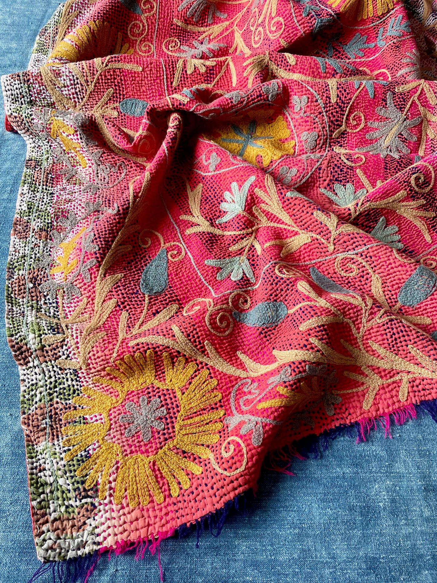 pink pretty kantha bedspread embroidered suzani quilt sofa throw washable