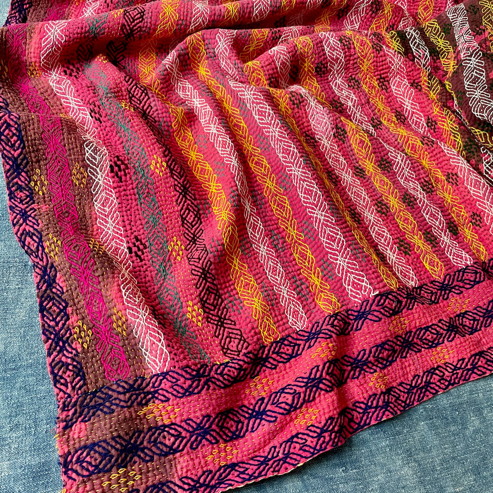 bright pink bedspread kantha quilt embroidered cotton comforter washable sofa throw