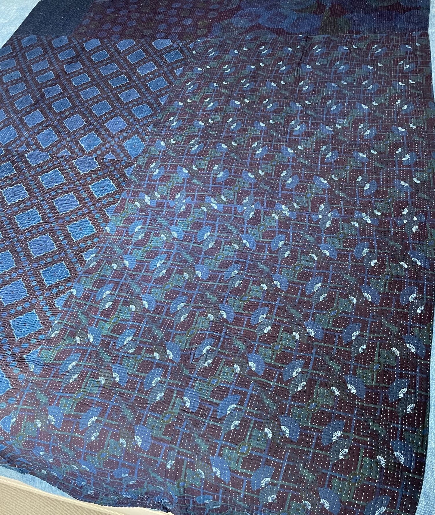 indigo blue patterned quilt block print kantha bedspread hand stitched washable free uk delivery