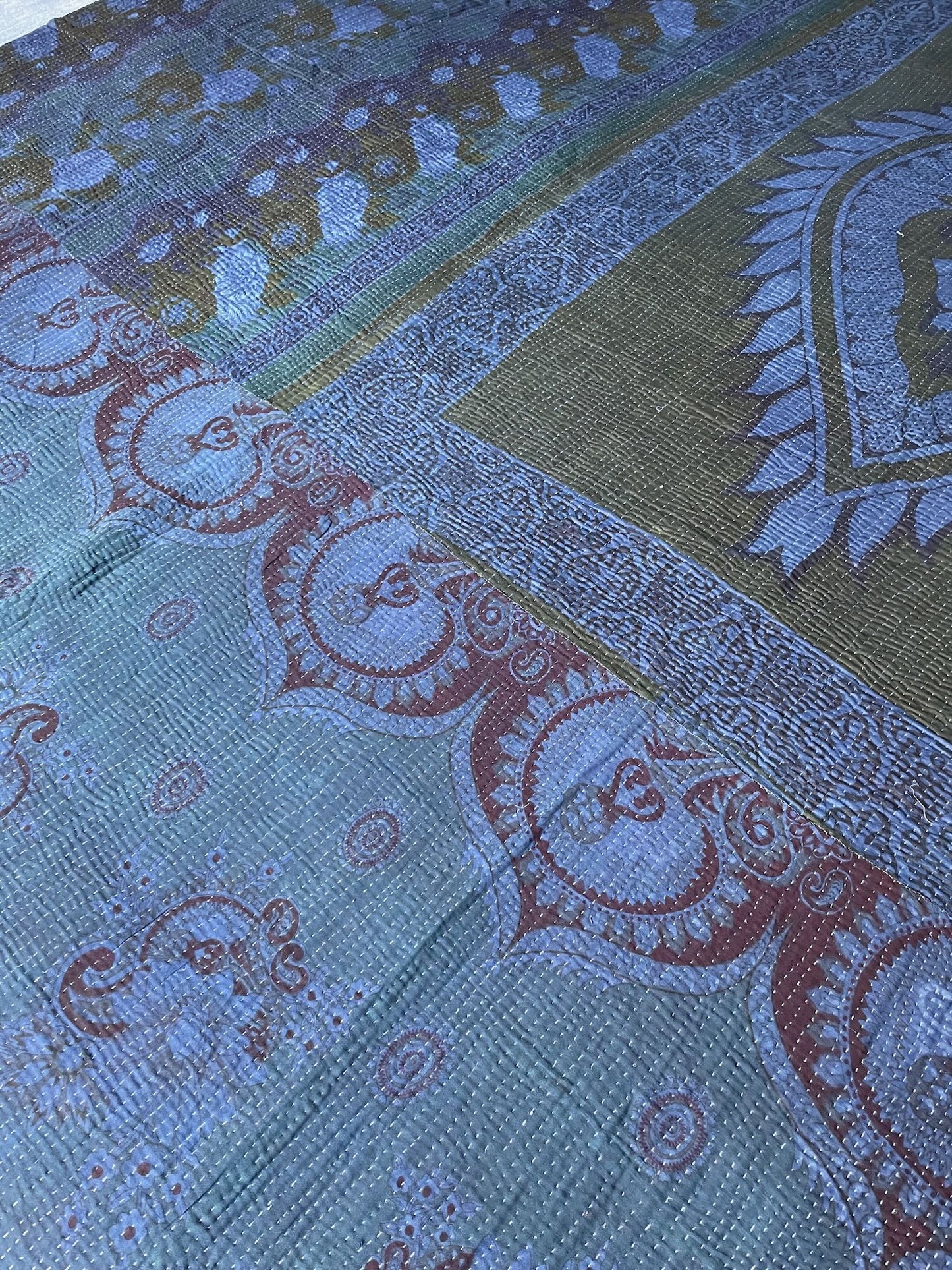 
                  
                    reversible indigo blue patterned quilt block print kantha bedspread hand stitched washable cotton 
                  
                