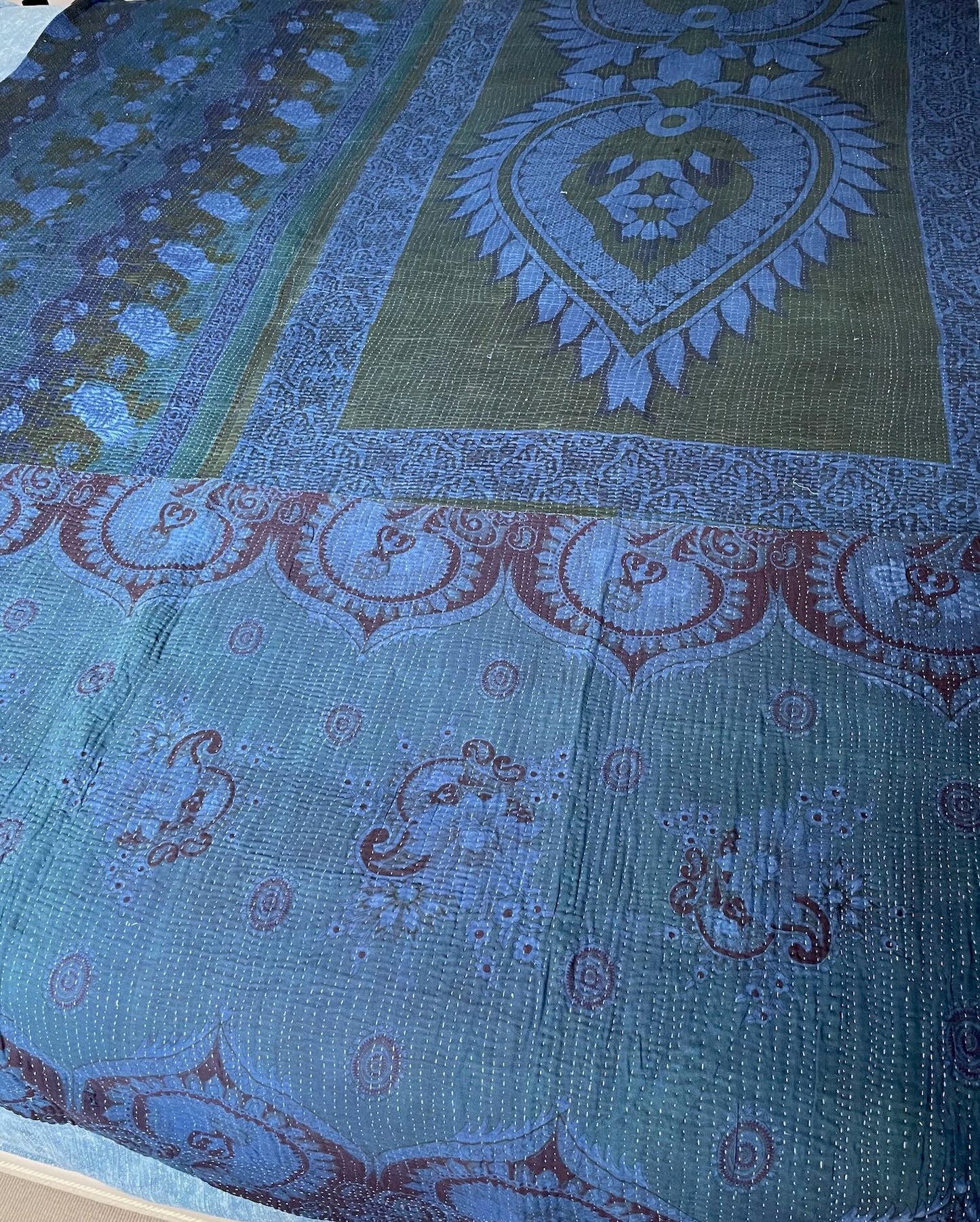 
                  
                    reversible indigo blue patterned quilt block print kantha bedspread hand stitched washable cotton 
                  
                
