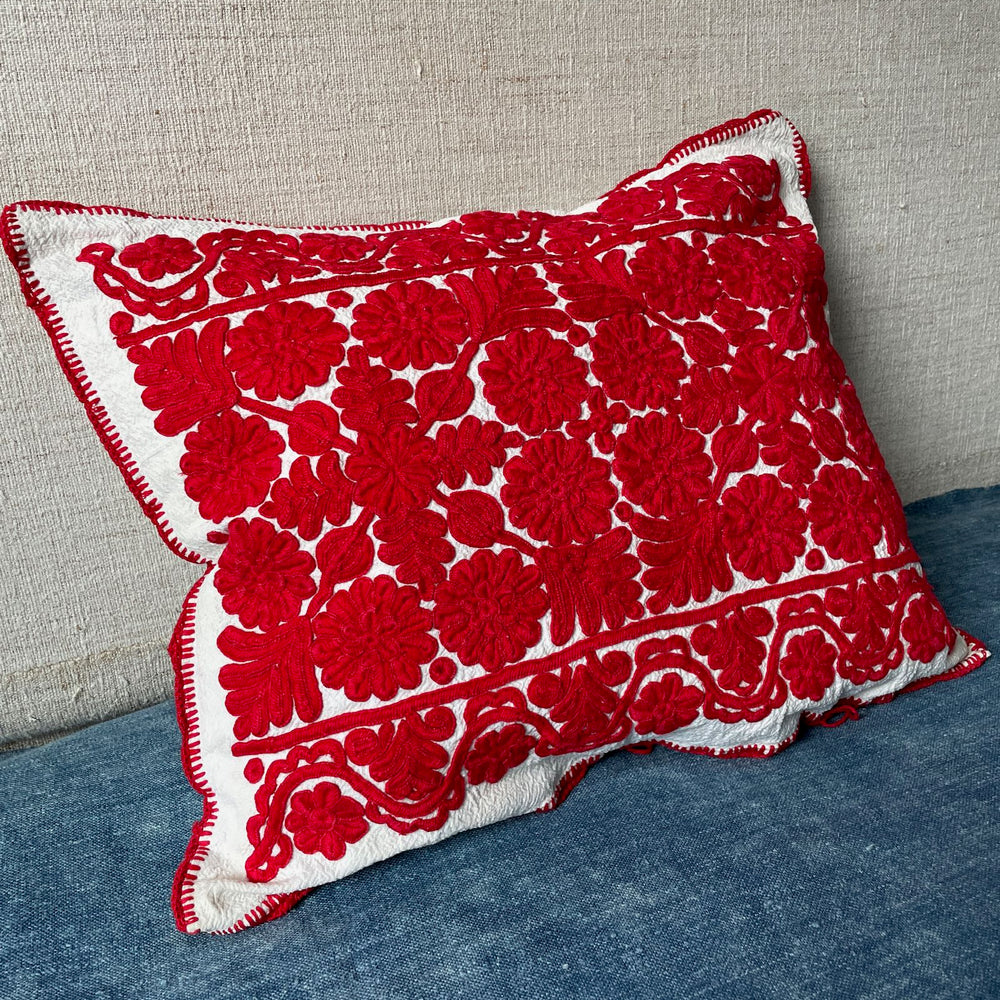 red irasos hand embroidered cushion cover couch pillow vintage folk textile 