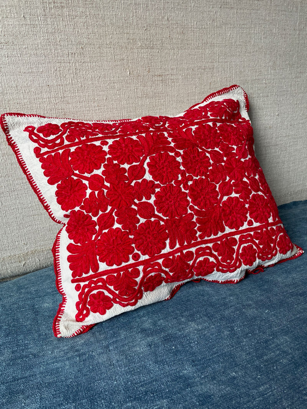 red irasos hand embroidered cushion cover couch pillow vintage folk textile 