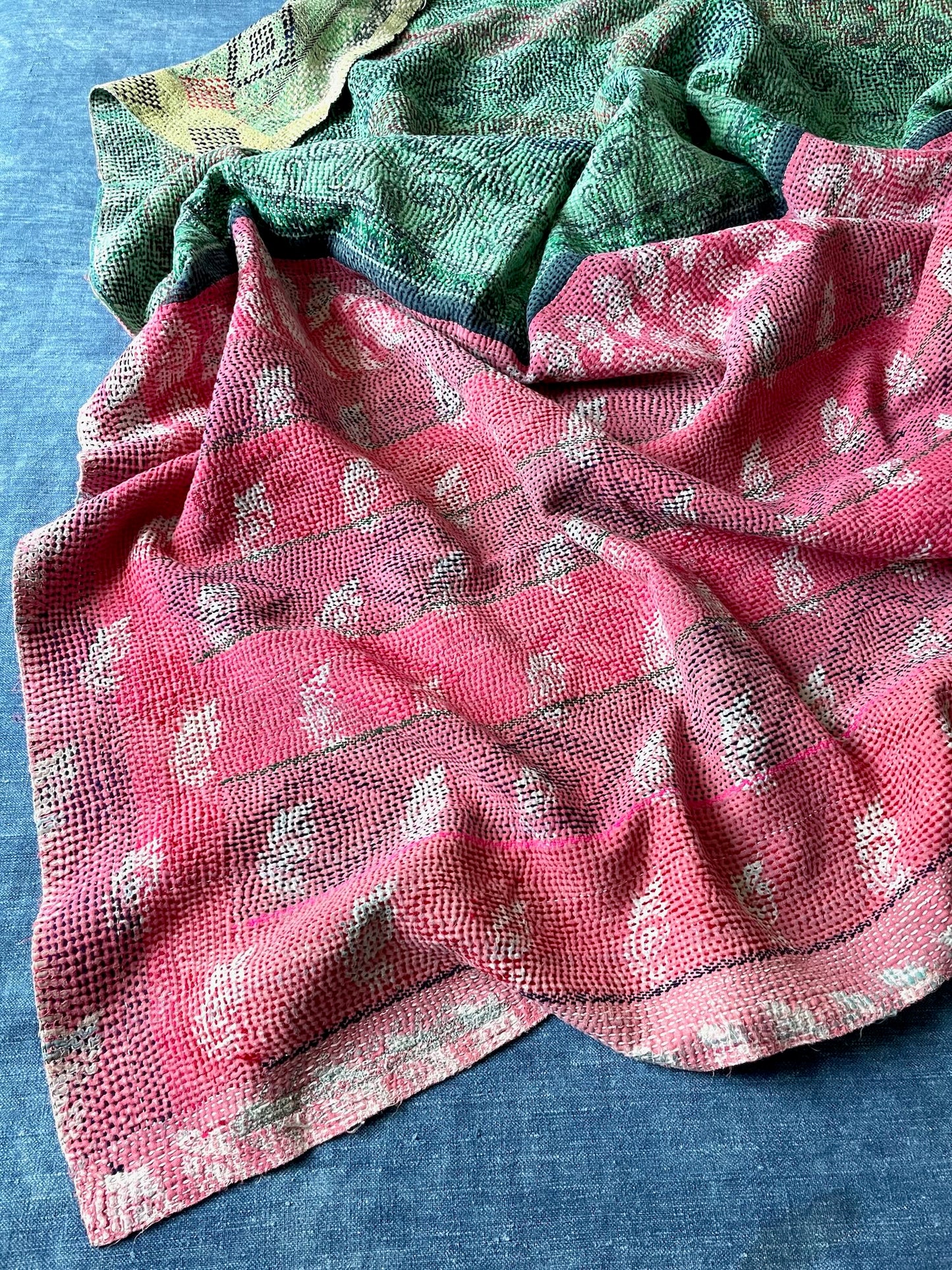 
                  
                    pink green patterned kantha quilt cotton bedspread large comforter washable hand stitched sofa throw
                  
                