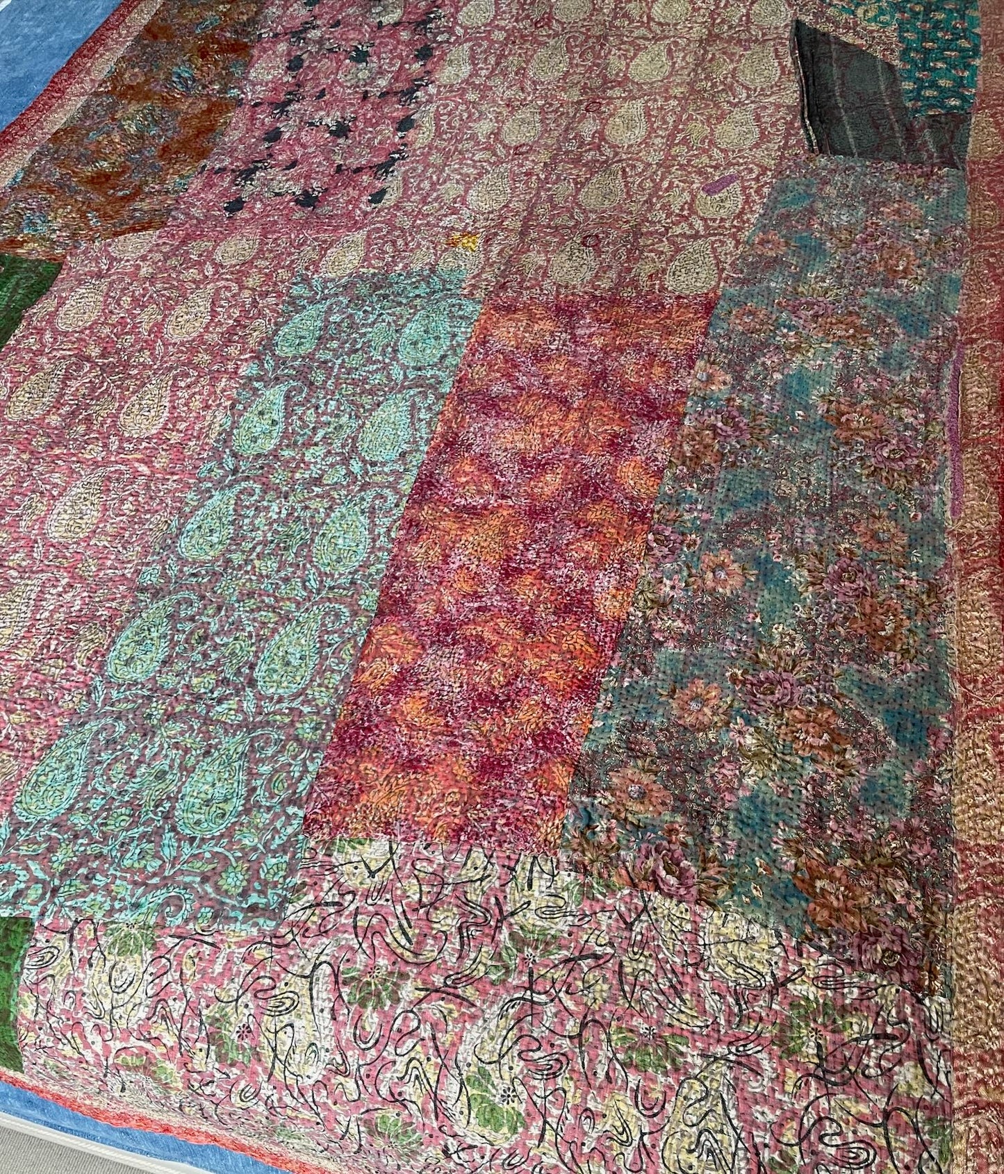 green pink terracotta patchwork quilt kantha bedspread single double cotton hand stitched comforter 