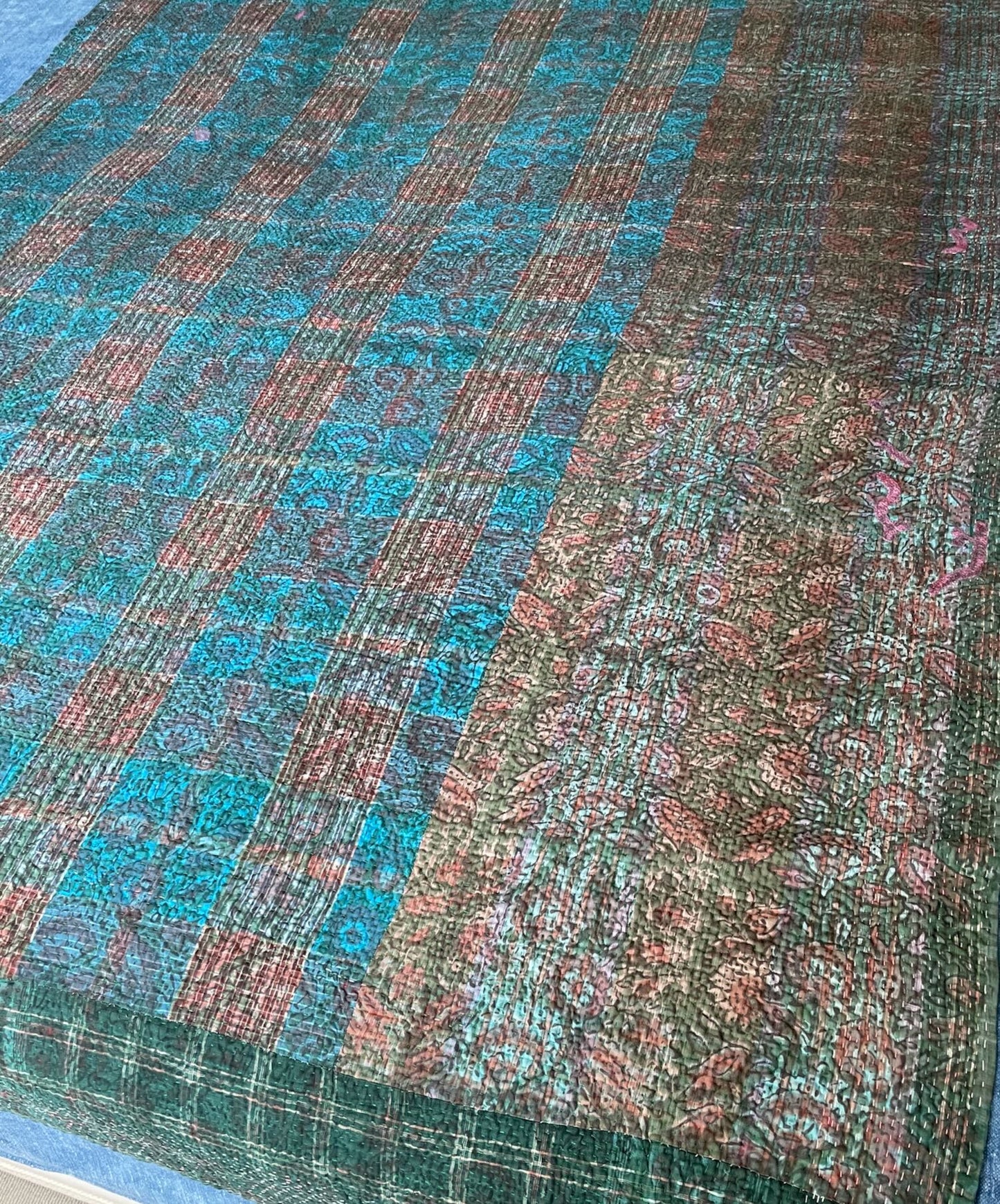 
                  
                    green pink terracotta patchwork quilt kantha bedspread single double cotton hand stitched comforter 
                  
                