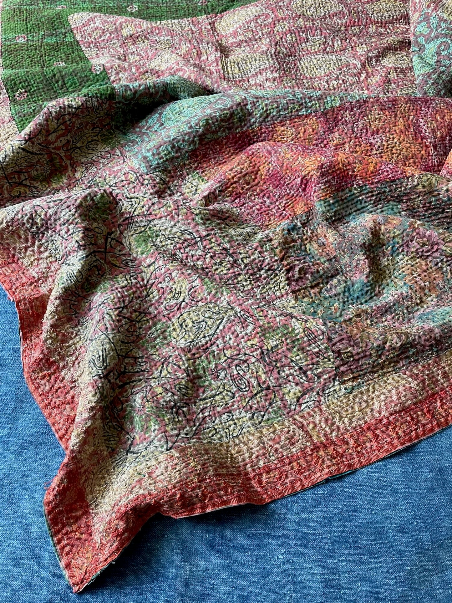 green pink terracotta patchwork quilt kantha bedspread single double cotton hand stitched comforter 