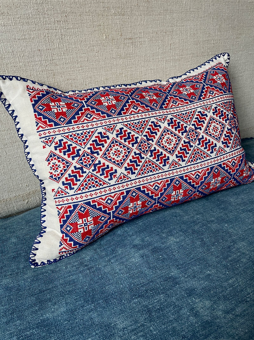 red blue cross stitch handmade pillow cushion cover folk textile hand embroidered