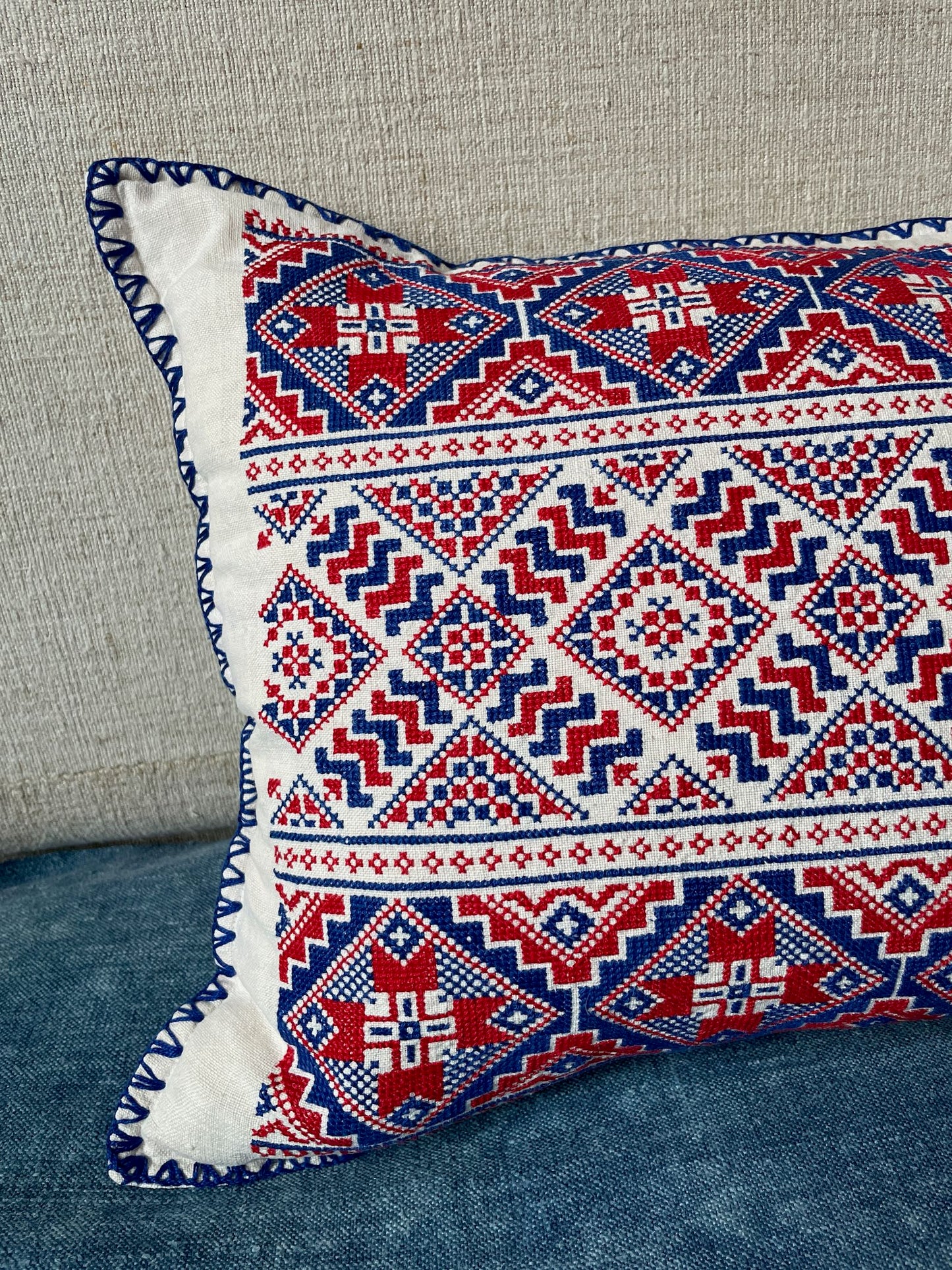 
                  
                    red blue cross stitch handmade pillow cushion cover folk textile hand embroidered
                  
                