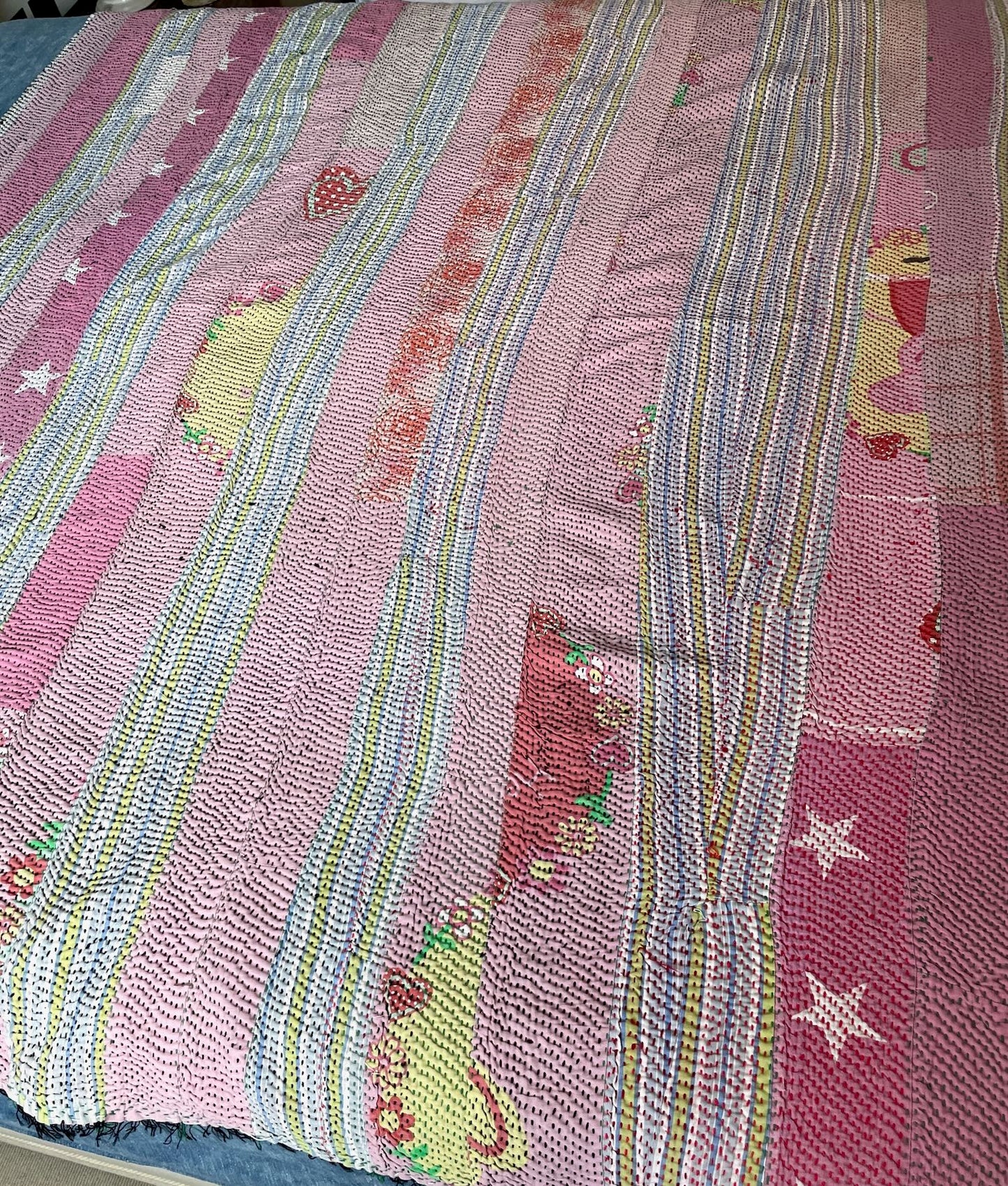 pink green yellow striped bedspread cotton kantha quilt washable comforter warm pretty sofa throw