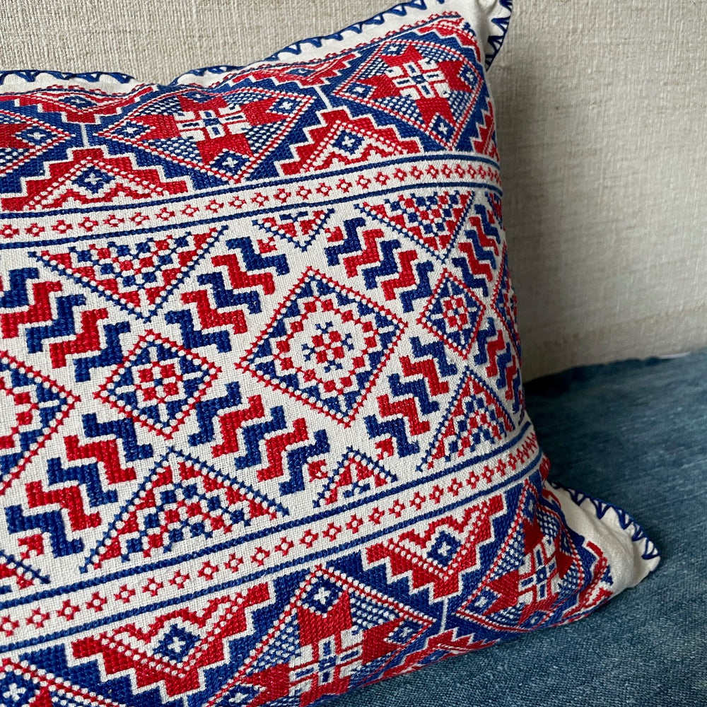 
                  
                    red blue cross stitch handmade pillow cushion cover folk textile hand embroidered
                  
                