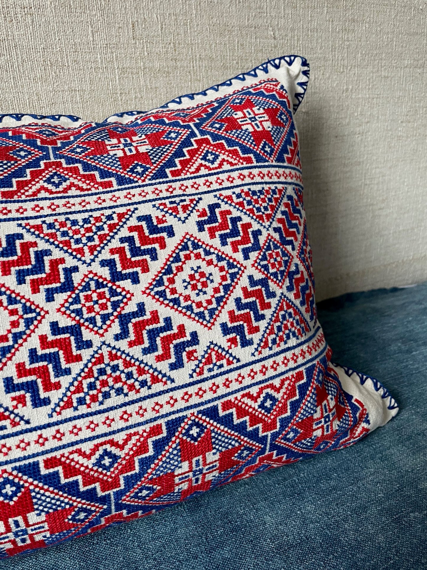 
                  
                    red blue cross stitch handmade pillow cushion cover folk textile hand embroidered
                  
                