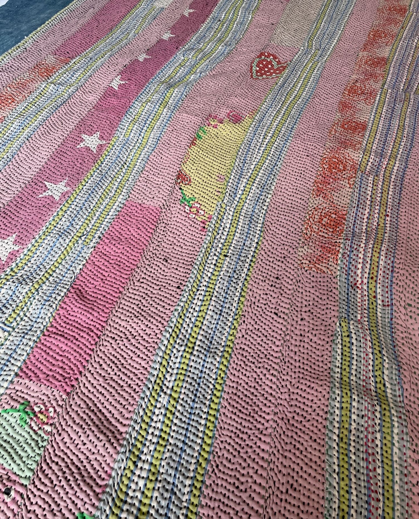 
                  
                    pink green yellow striped bedspread cotton kantha quilt washable comforter warm pretty sofa throw
                  
                