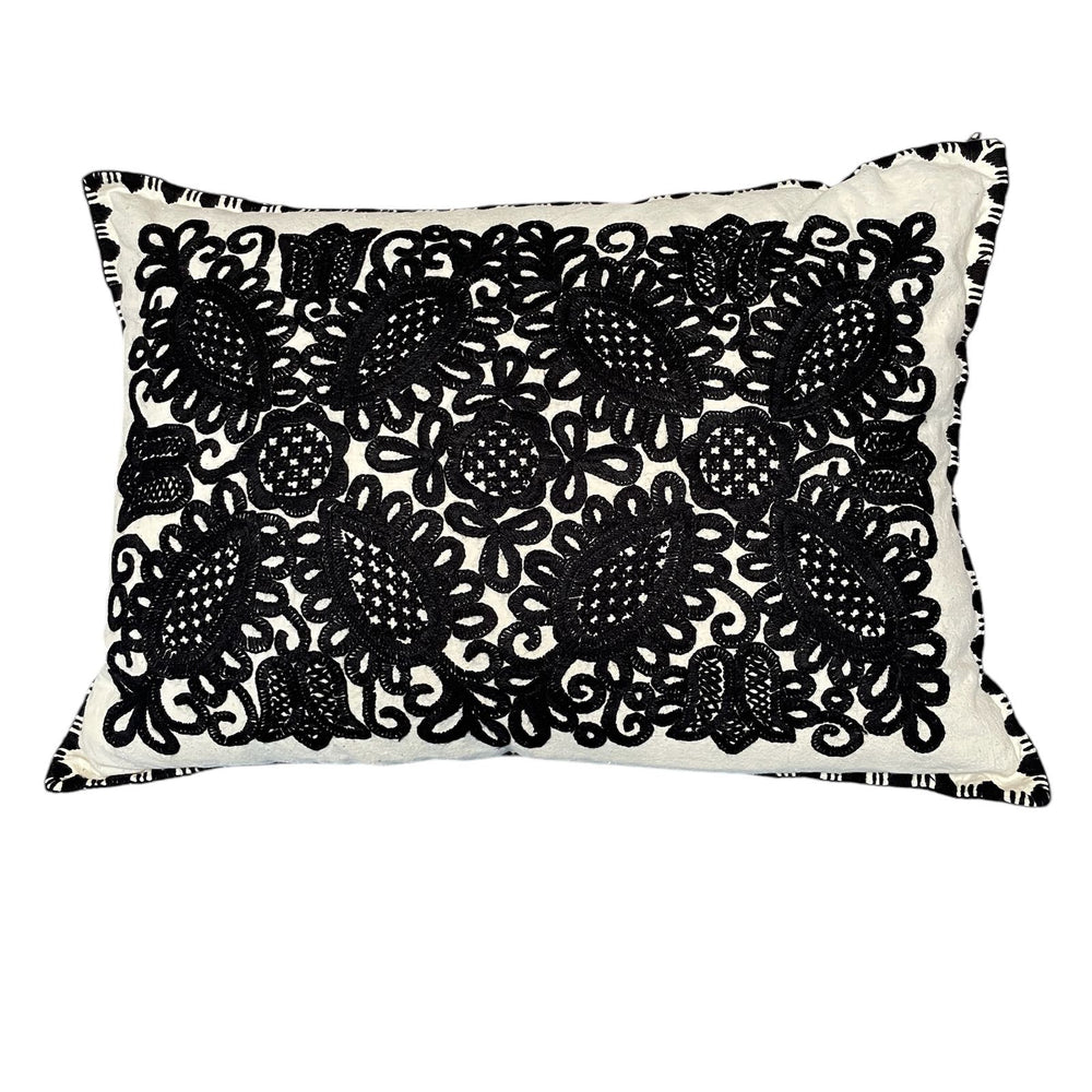 cream black irasos embroidered cushion couch pillow handmade folk textile