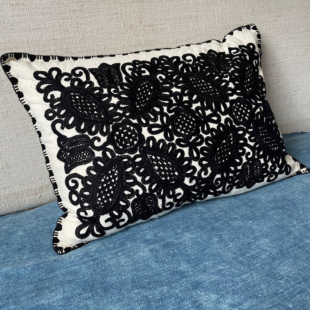 cream black irasos embroidered cushion couch pillow handmade folk textile