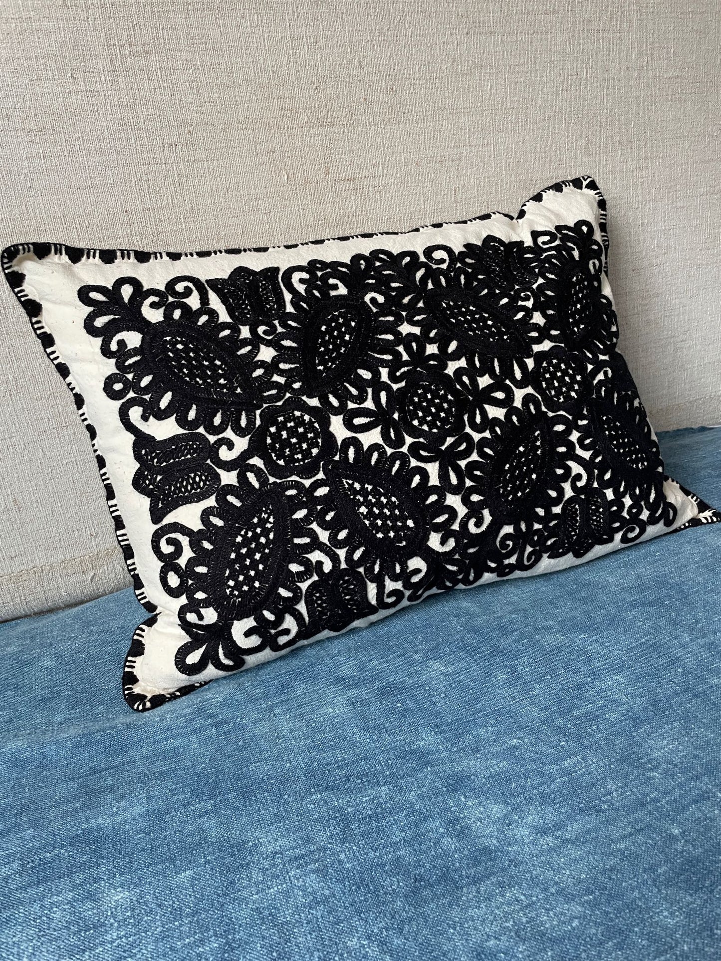 cream black irasos embroidered cushion couch pillow handmade folk textile