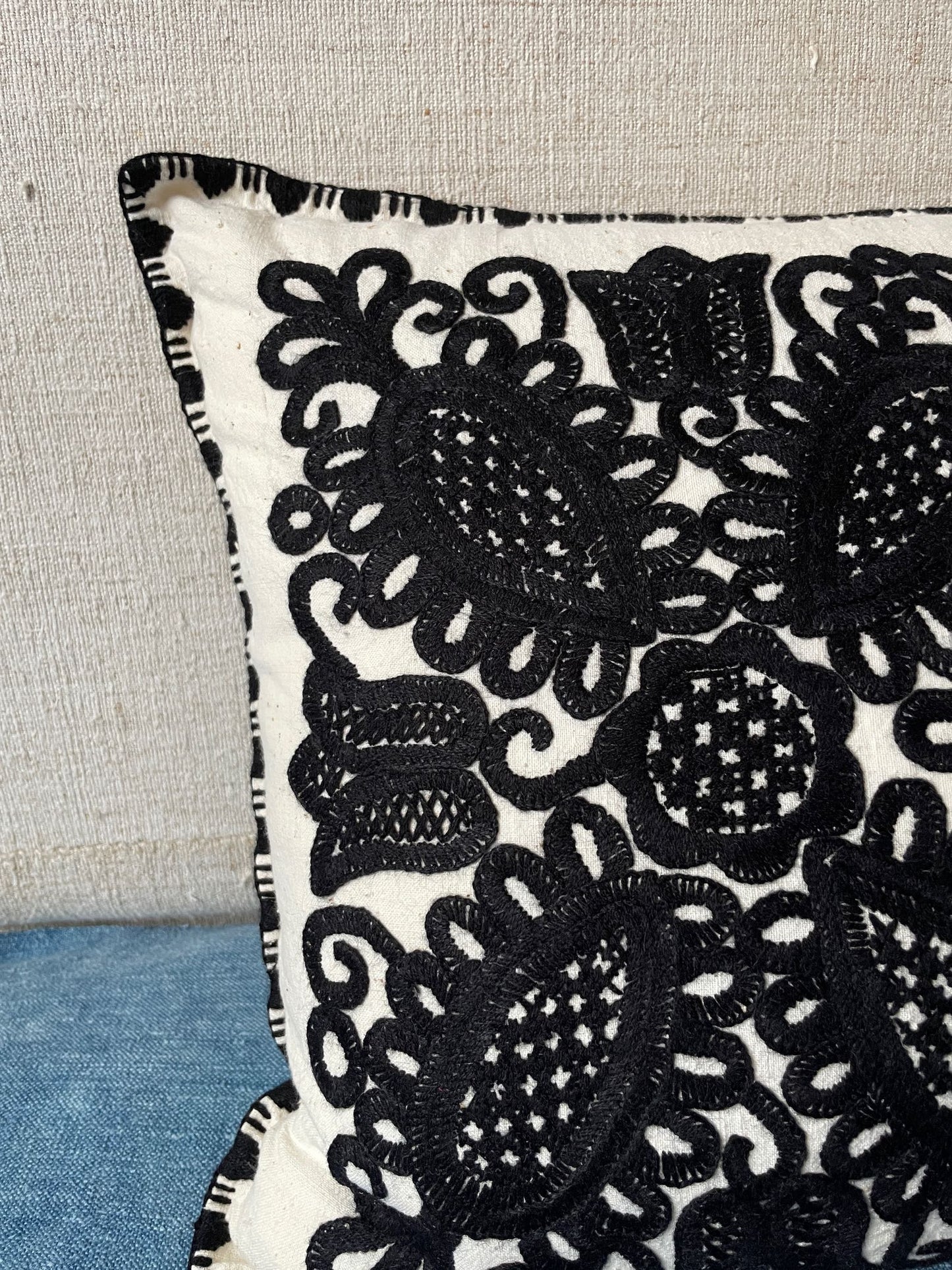 
                  
                    cream black irasos embroidered cushion couch pillow handmade folk textile
                  
                