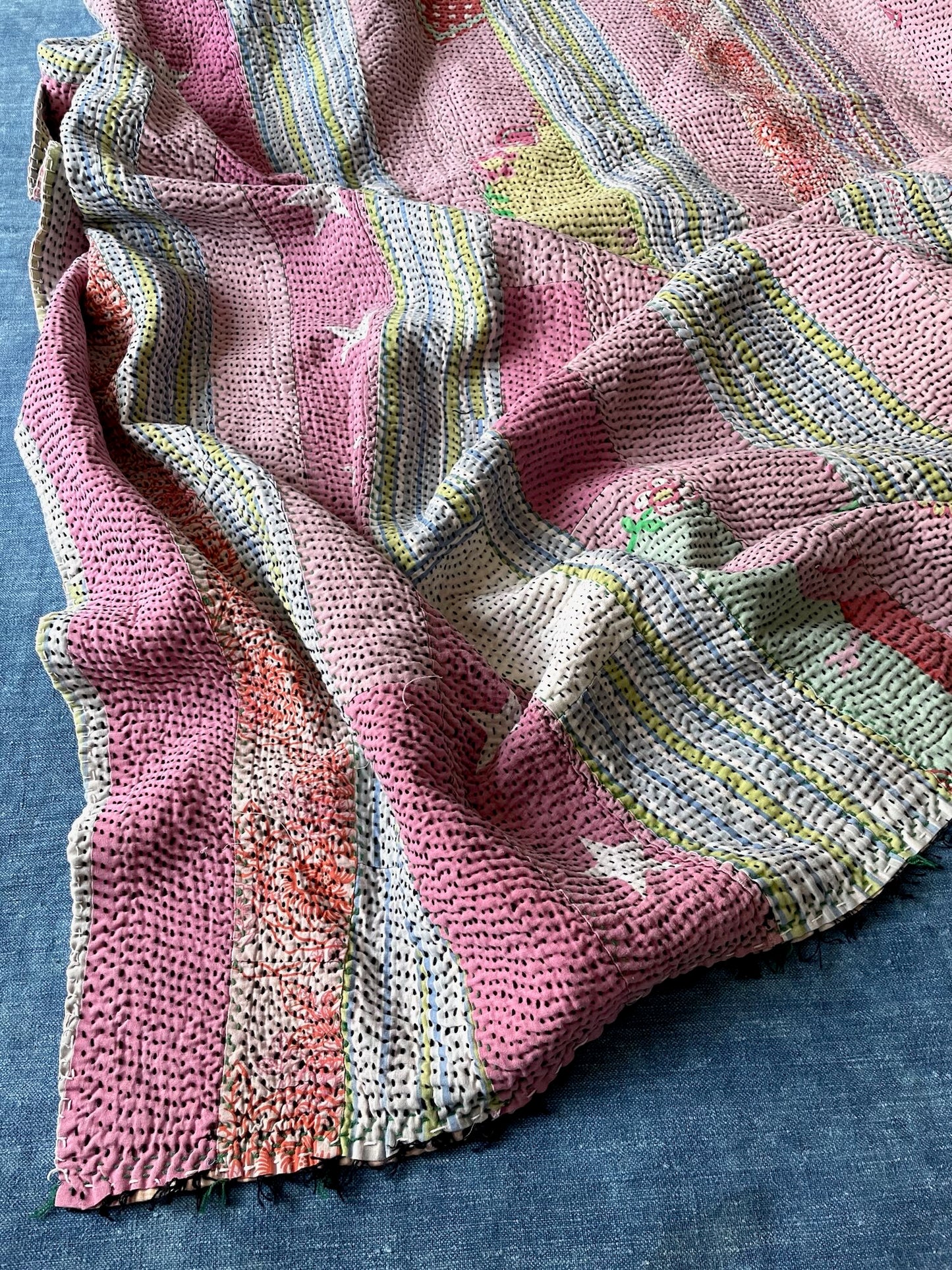 pink green yellow striped bedspread cotton kantha quilt washable comforter warm pretty sofa throw