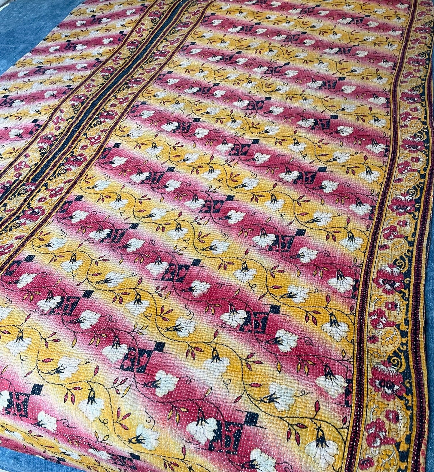 
                  
                    pretty bright yellow pink cotton bedspread hand stitched kantha quilt single double comforter uk 
                  
                