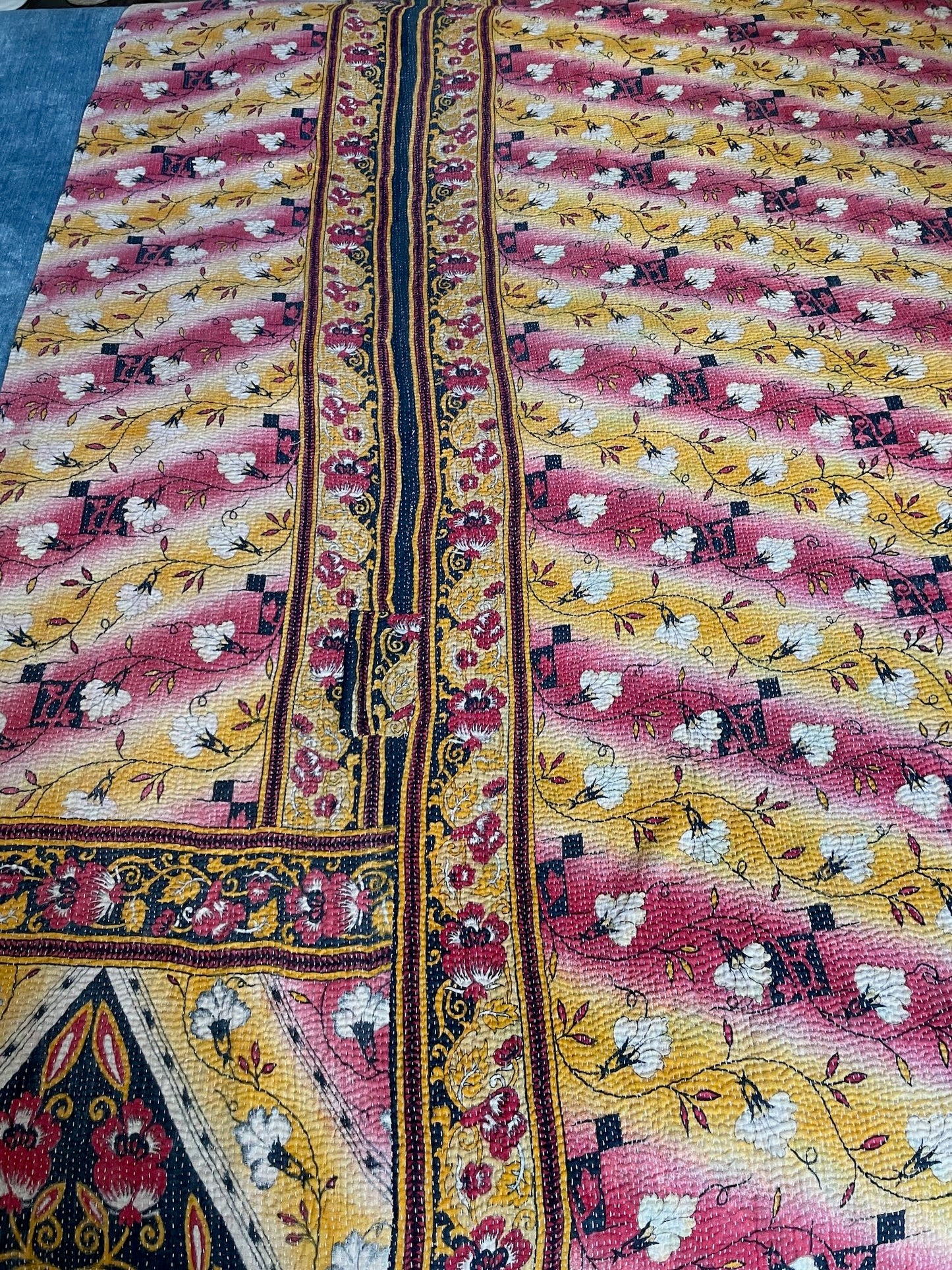 
                  
                    pretty bright yellow pink cotton bedspread hand stitched kantha quilt single double comforter uk 
                  
                
