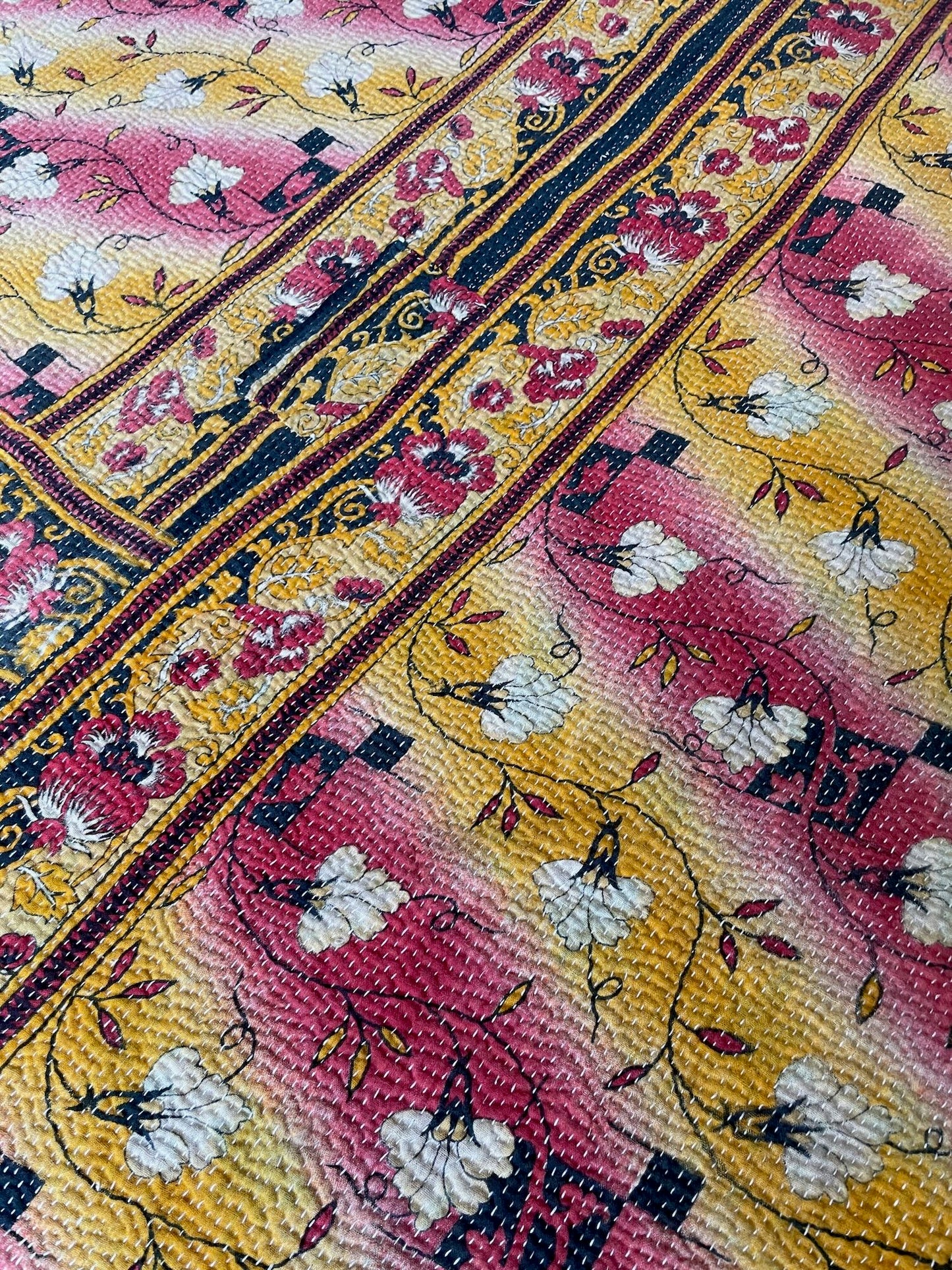 
                  
                    pretty bright yellow pink cotton bedspread hand stitched kantha quilt single double machine washable
                  
                