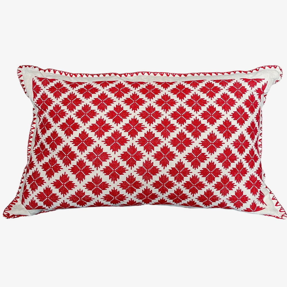 
                  
                    red white cross stitch cushion hand embroidered folk textile couch pillow boho
                  
                