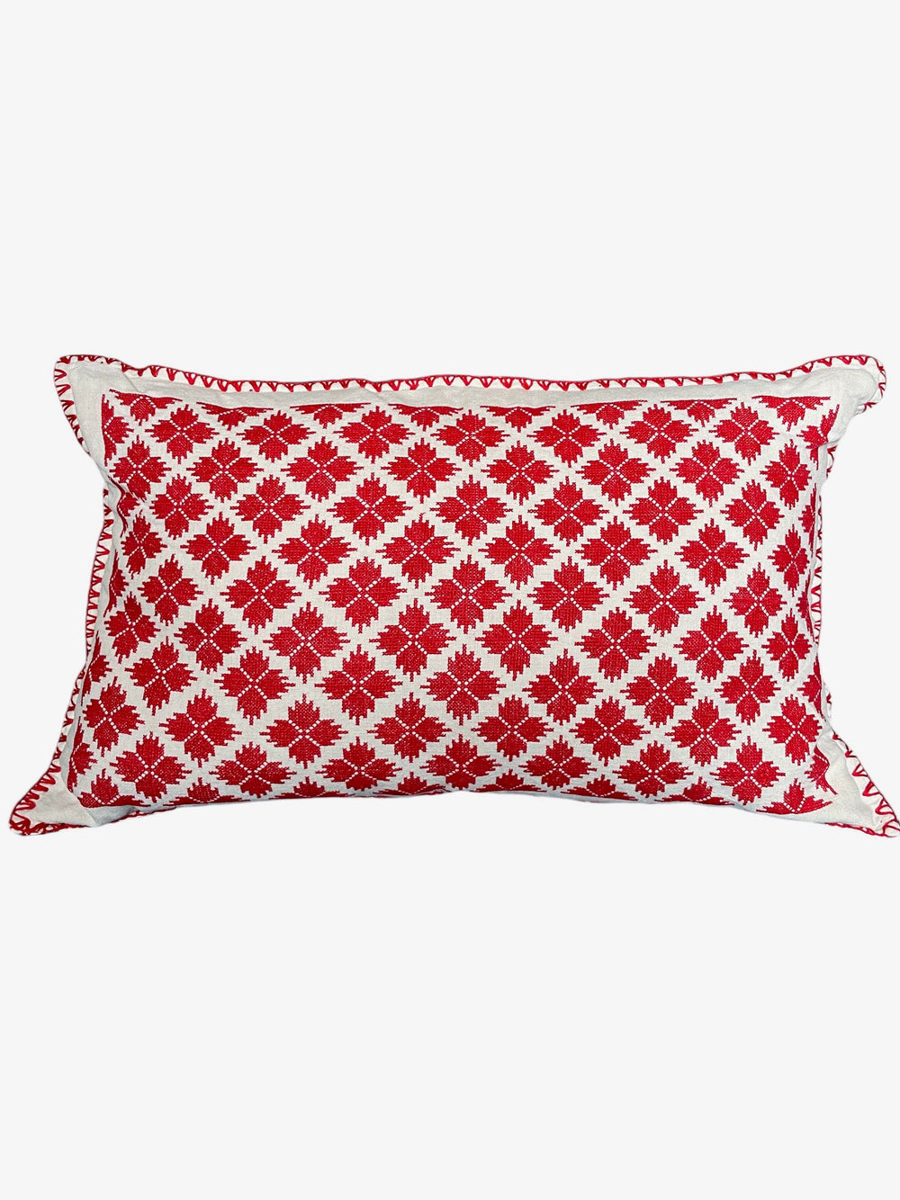 red white cross stitch cushion hand embroidered folk textile couch pillow boho