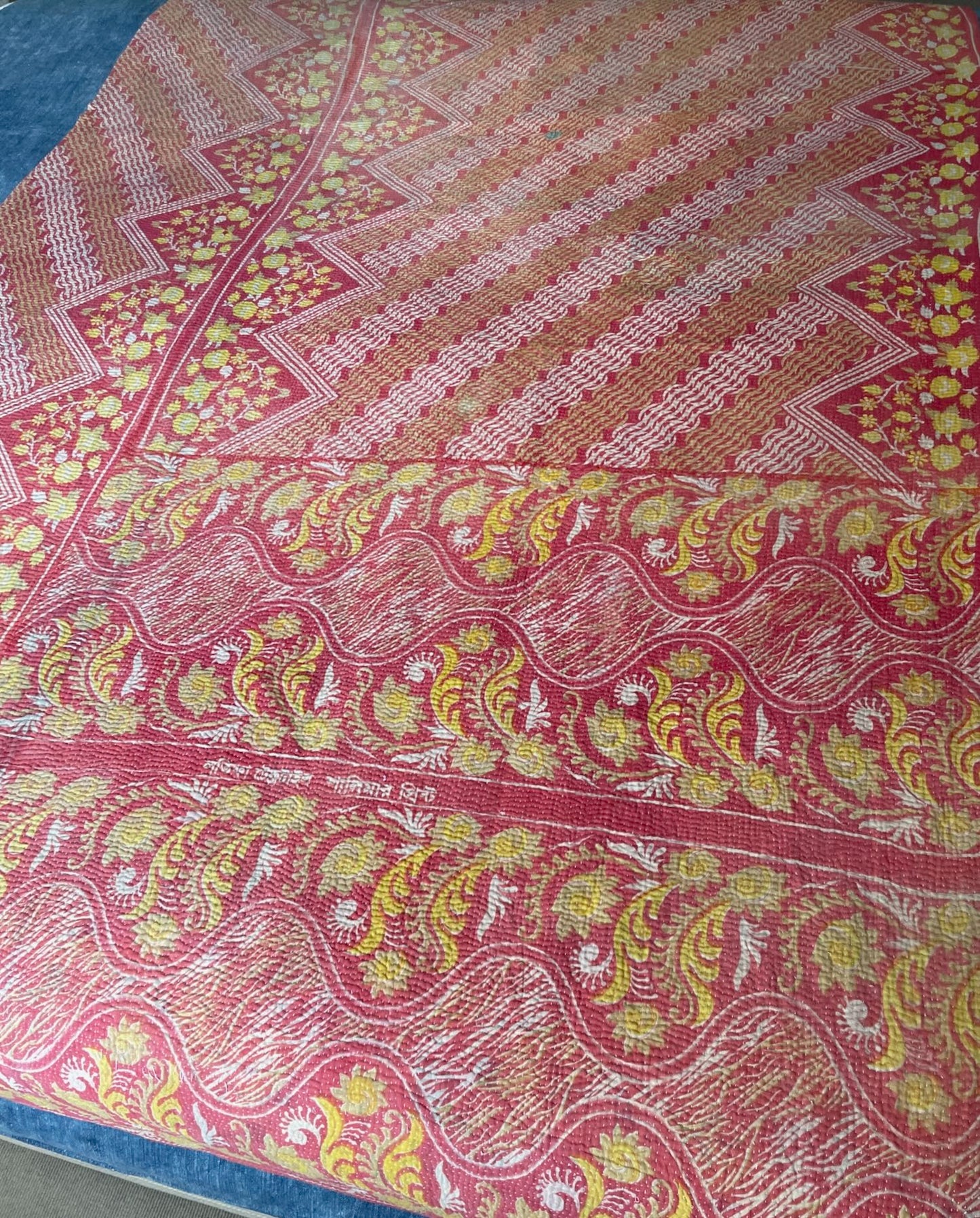 pretty soft red yellow pink cotton bedspread hand stitched kantha quilt single double comforter uk 