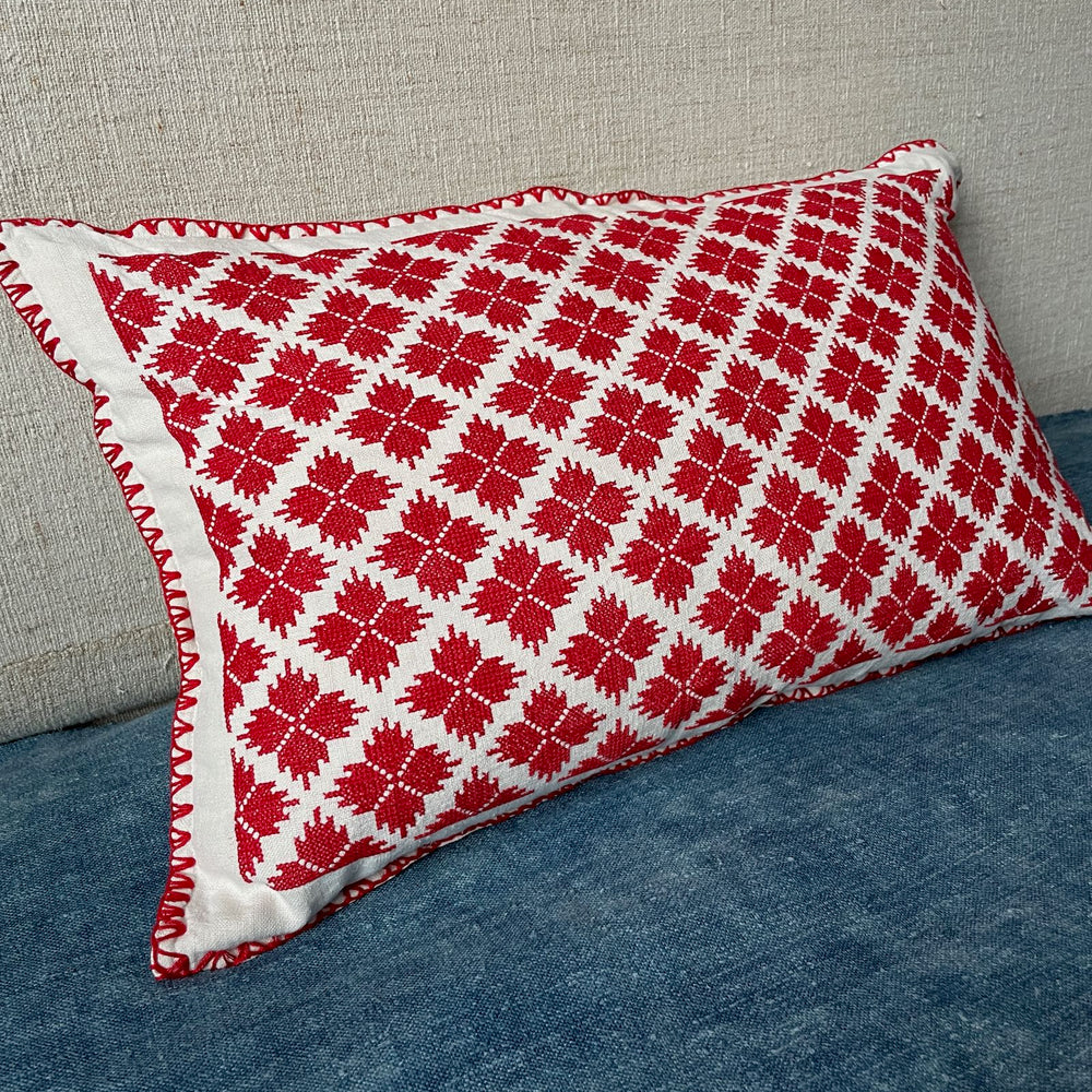 red white cross stitch cushion hand embroidered folk textile couch pillow boho