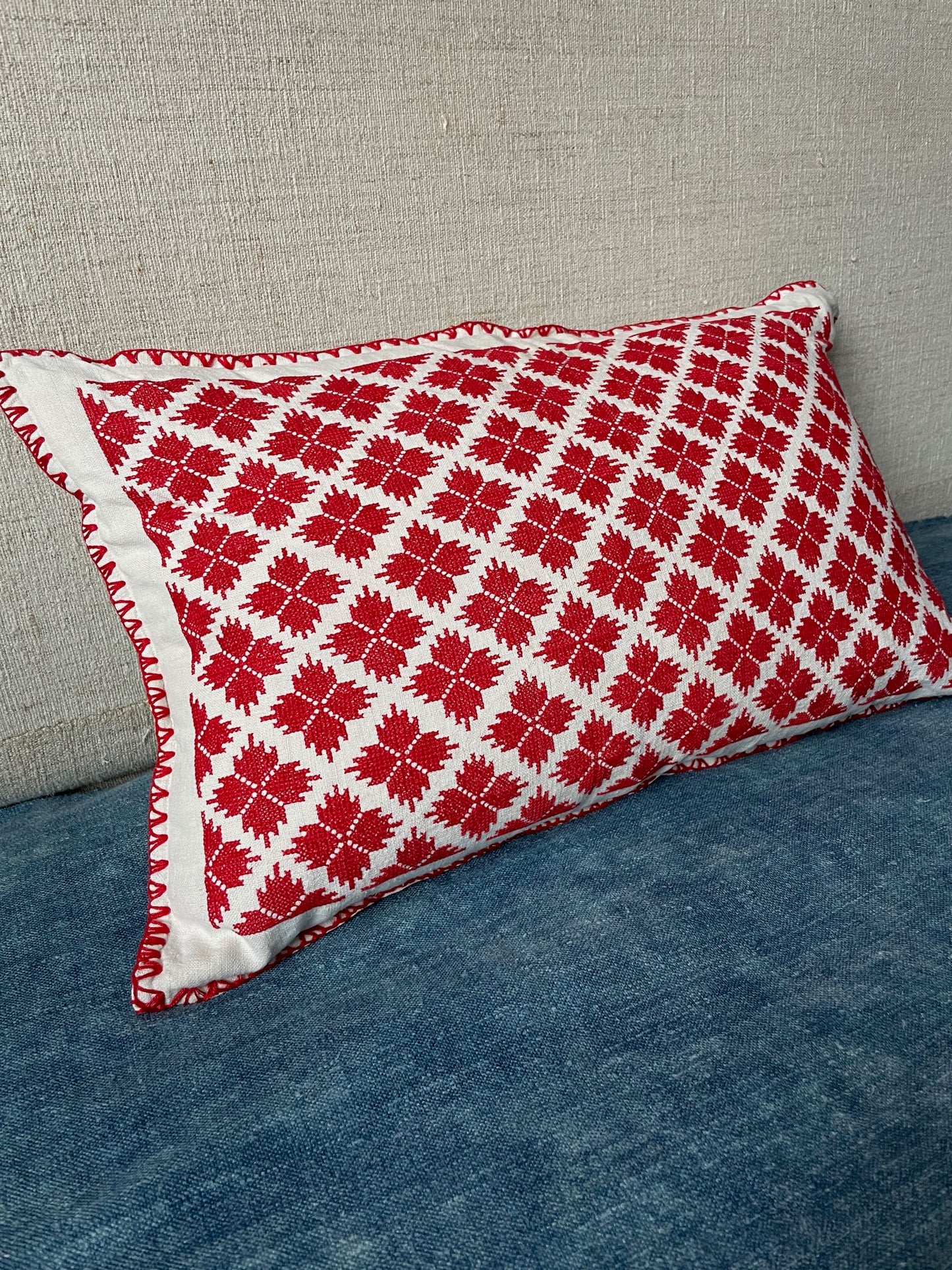 
                  
                    red white cross stitch cushion hand embroidered folk textile couch pillow boho
                  
                