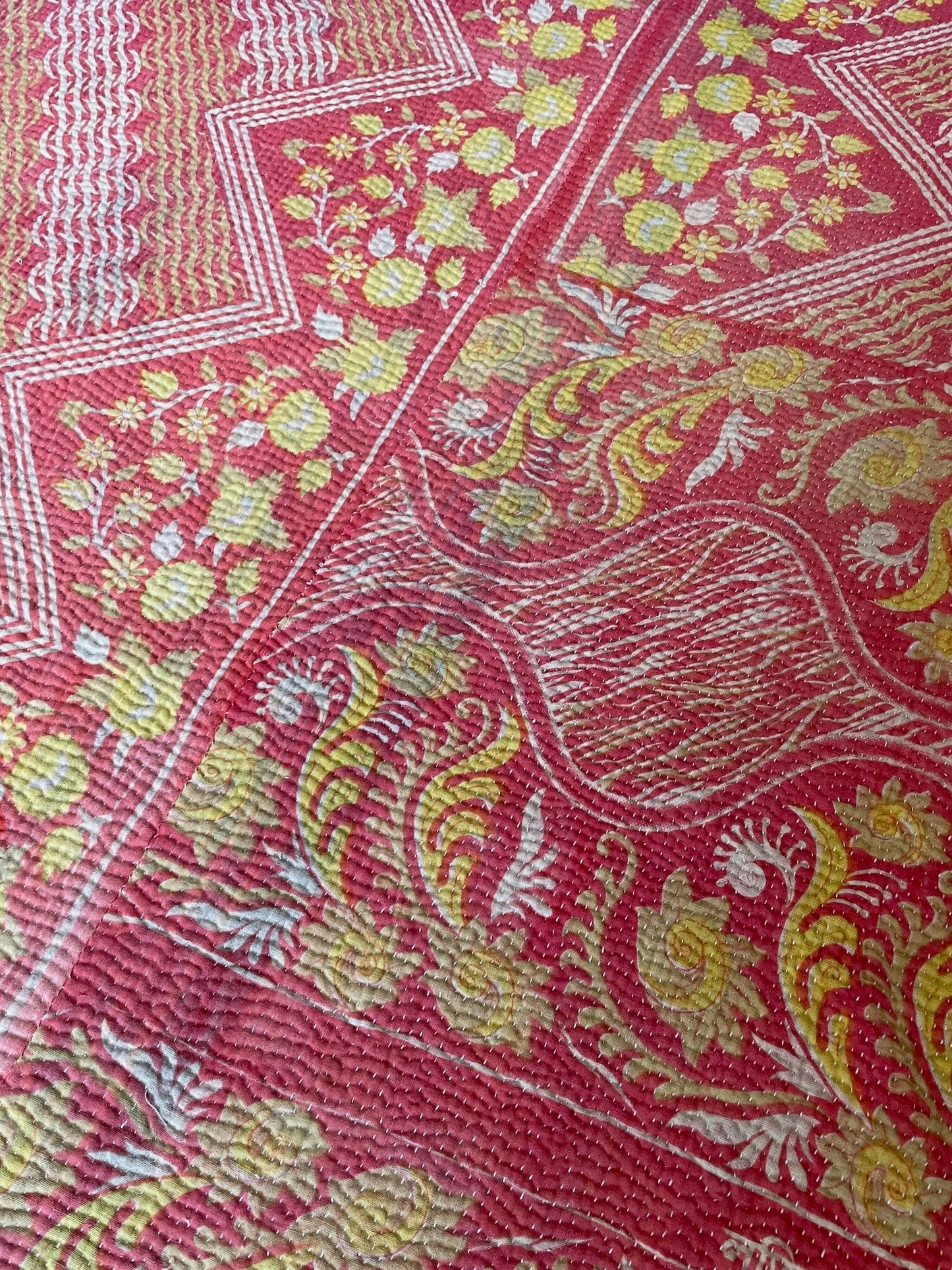 
                  
                    pretty soft red yellow pink cotton bedspread hand stitched kantha quilt single double comforter uk 
                  
                