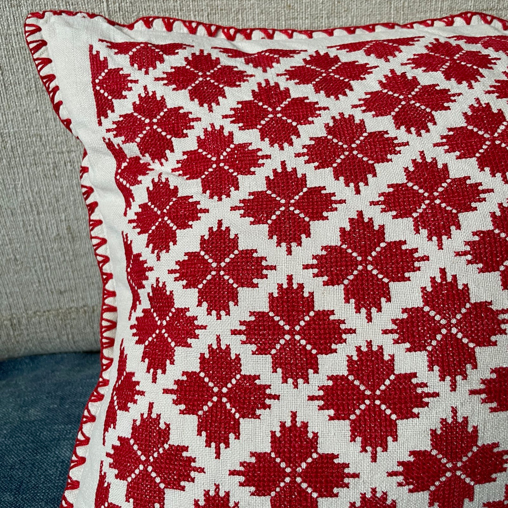 
                  
                    red white cross stitch cushion hand embroidered folk textile couch pillow boho
                  
                