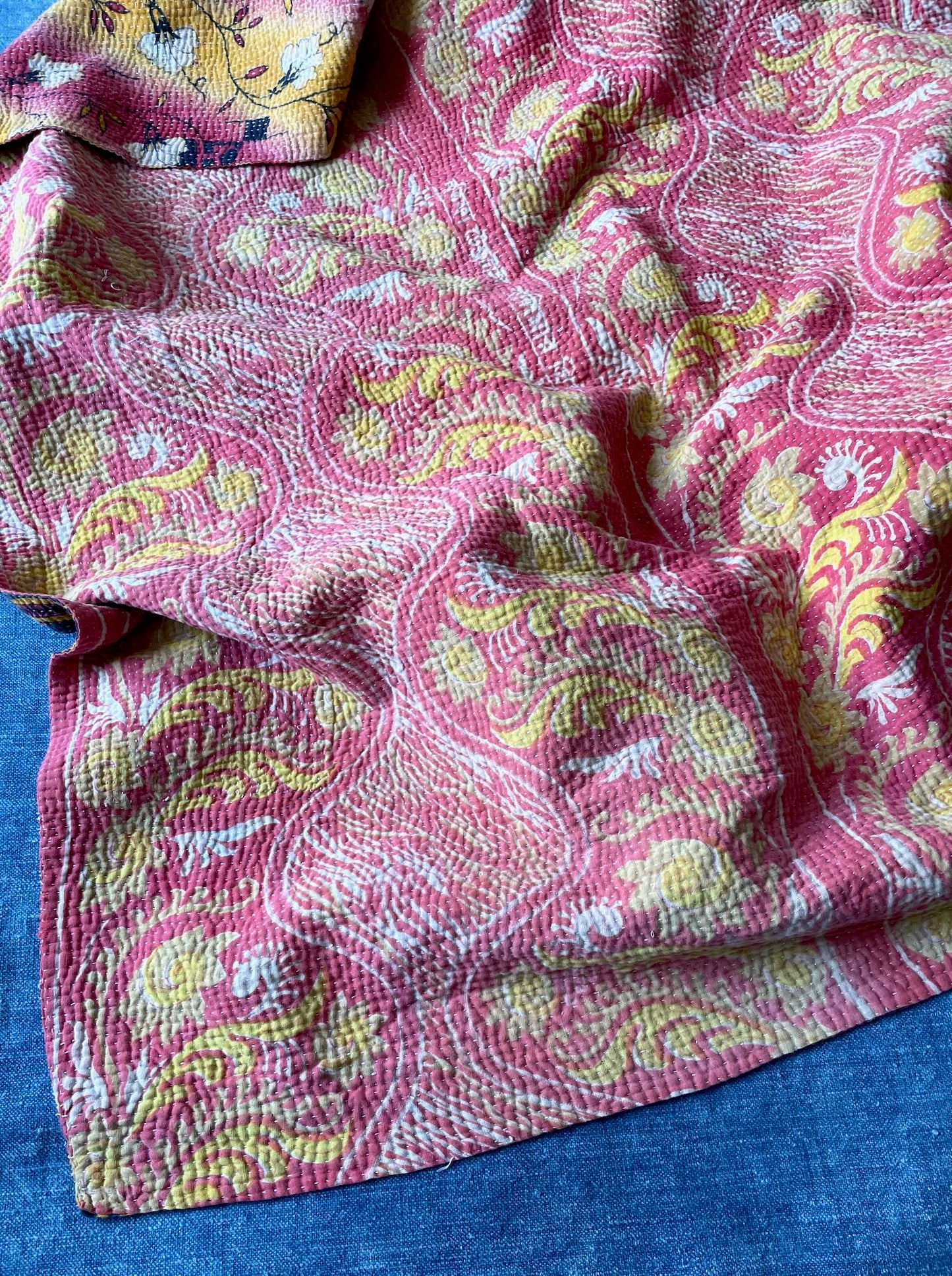 pretty soft red yellow pink cotton bedspread hand stitched kantha quilt single double comforter uk 