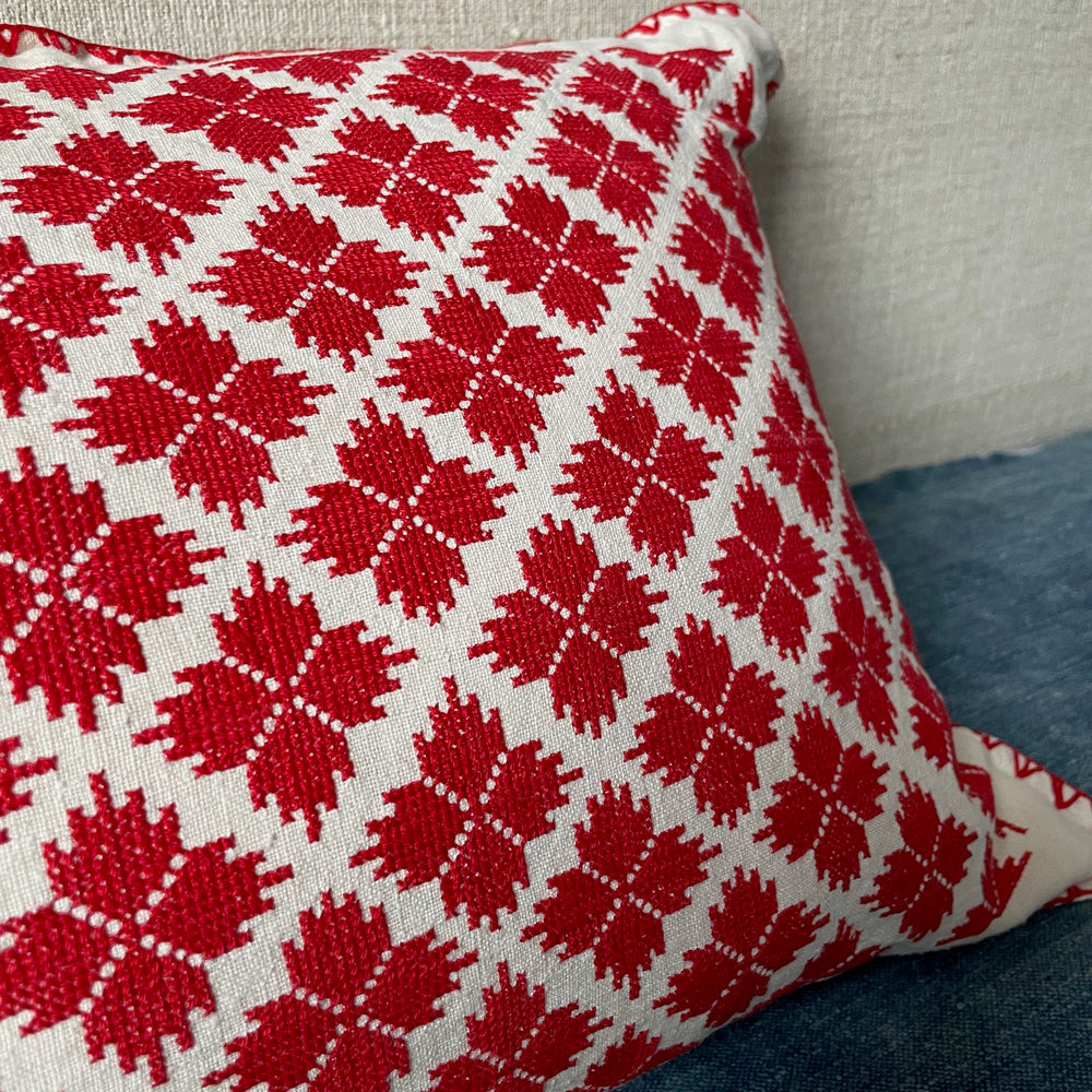 
                  
                    red white cross stitch cushion hand embroidered folk textile couch pillow boho
                  
                