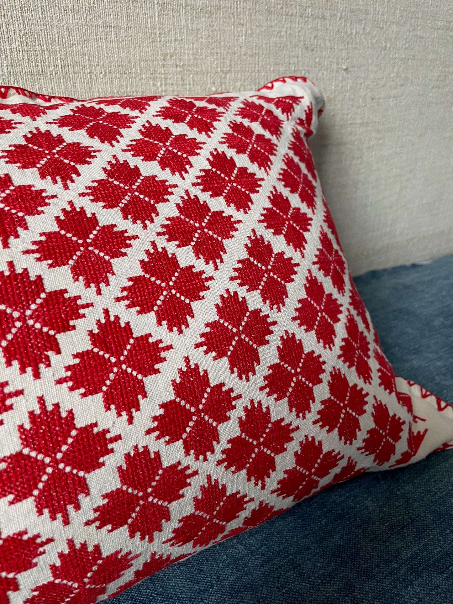 
                  
                    red white cross stitch cushion hand embroidered folk textile couch pillow boho
                  
                