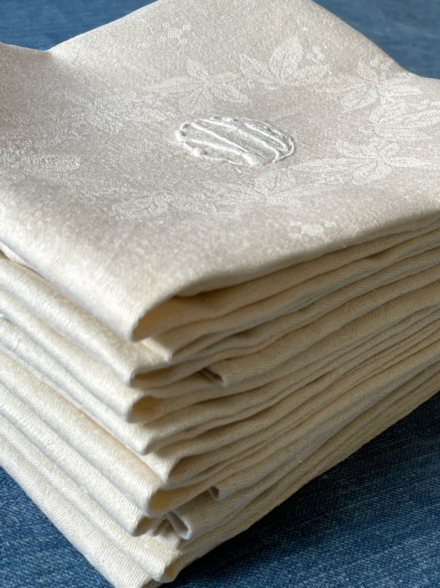 set of 12 linen table napkins formal french antique serviettes cream table linen embroidered VL 