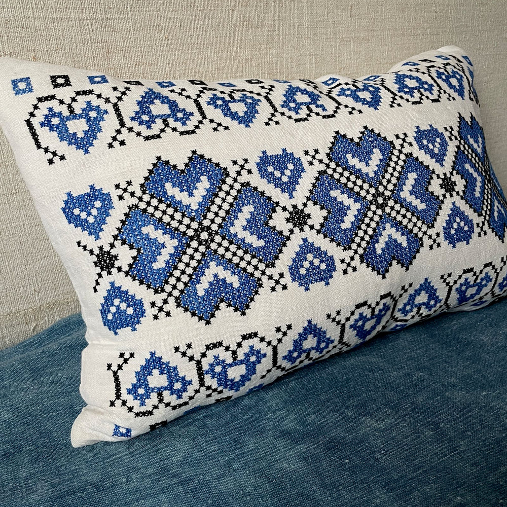 blue cross stitch folk cushion couch pillow hand embroidered vintage boho textile