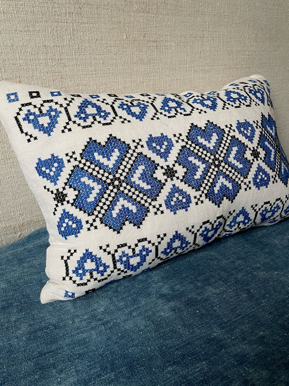 blue cross stitch folk cushion couch pillow hand embroidered vintage boho textile